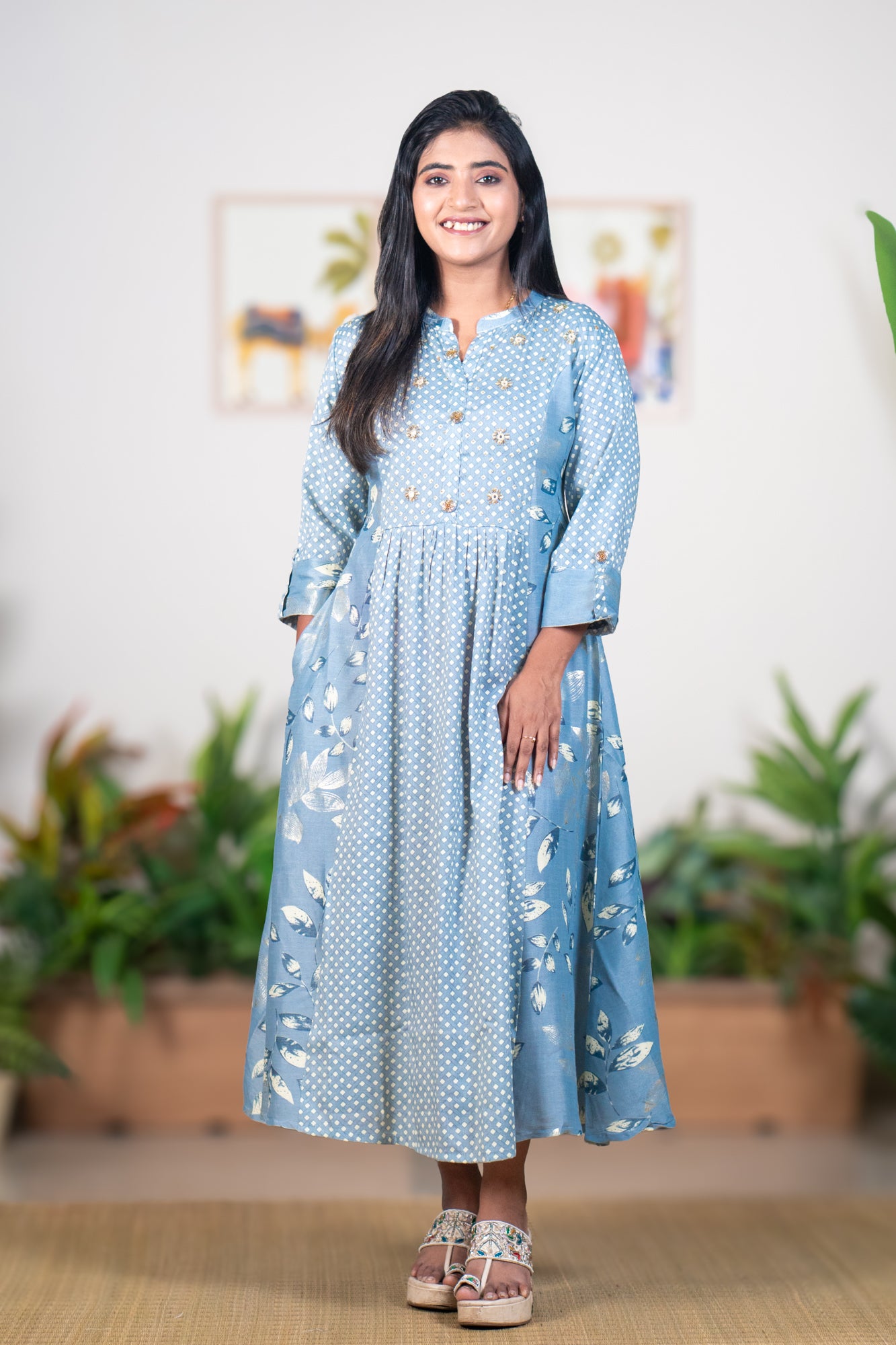 Silver hand work foil viscous gown
