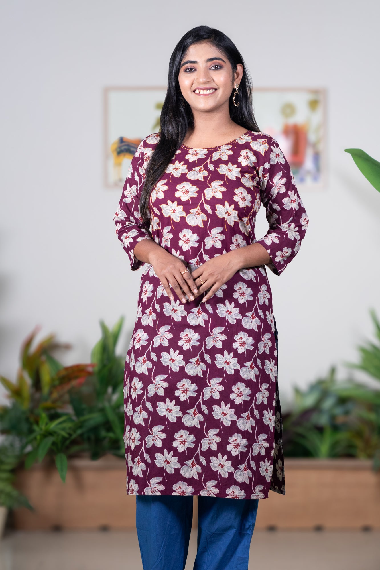 Purple blossom kurti with katha stitch work