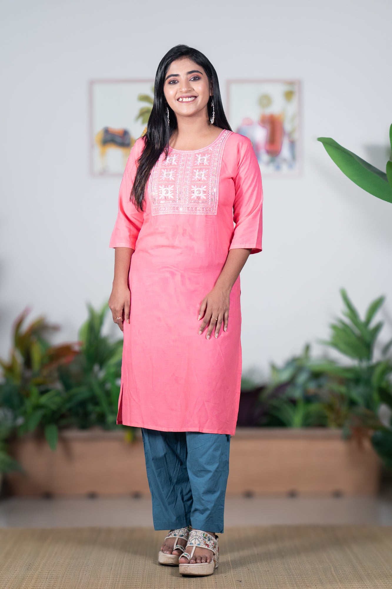 Dudhe Alta Pink Kurti with Thread & Sequin Embroidery