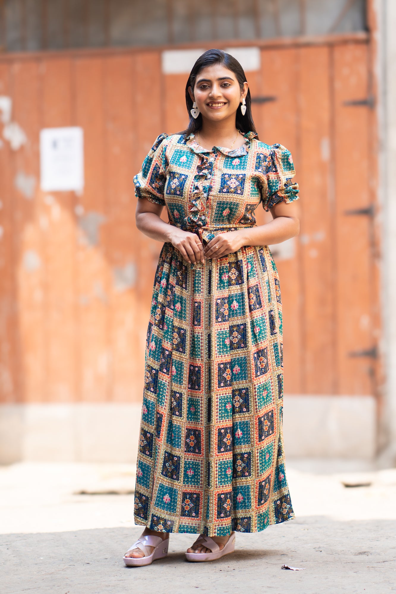 Hyrr Boho bandhani Long maxi gown foil print Blue