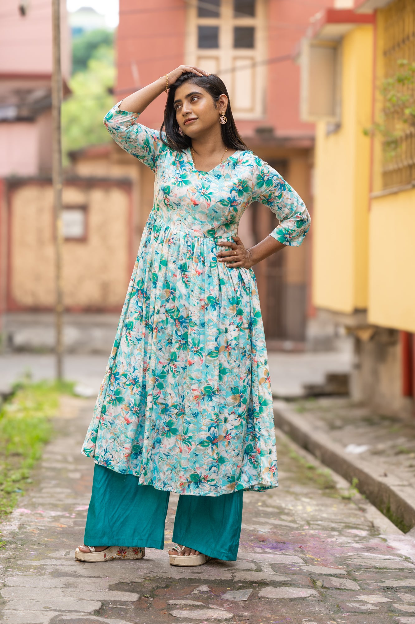 Hyrr Breeze Gown &plazo Set Sea Green