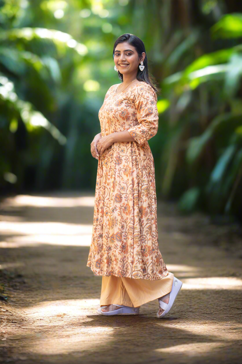 Hyrr Kalamkari Gown &plazo Set Sea Tasar