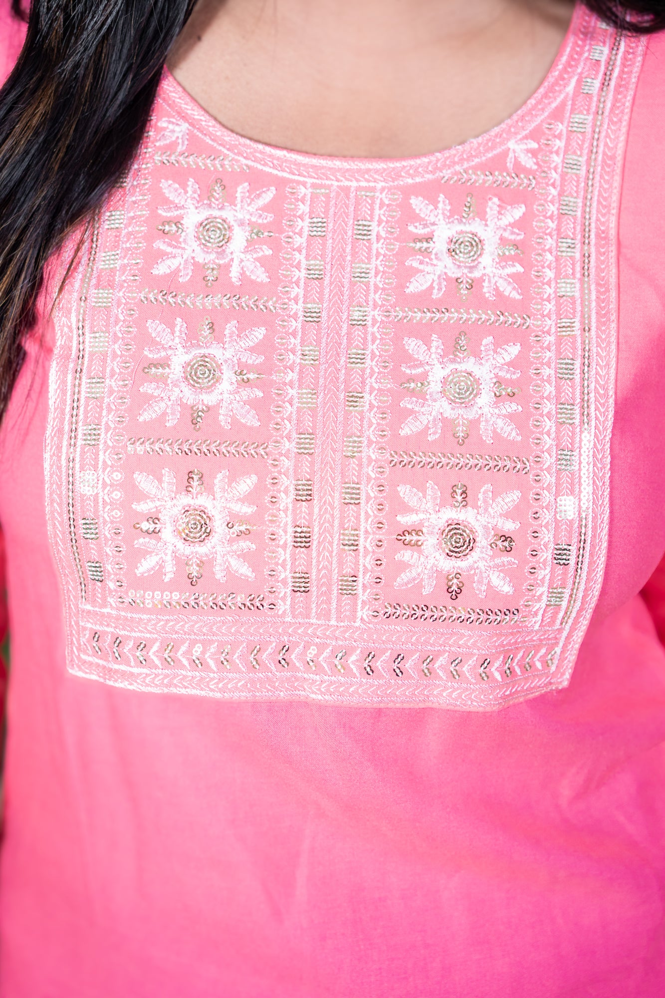 Dudhe Alta Pink Kurti with Thread & Sequin Embroidery