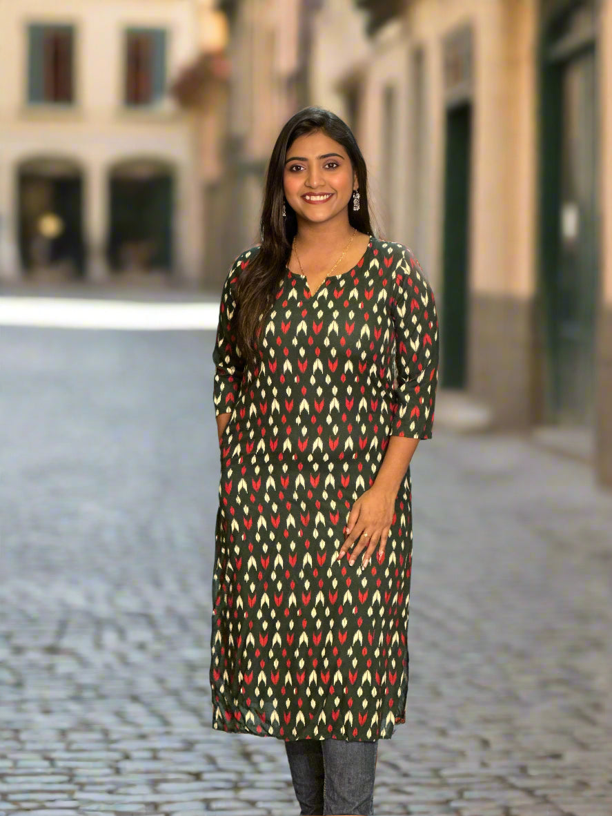 Hyrr Side Cut Kurti Round neck Ikkat Green