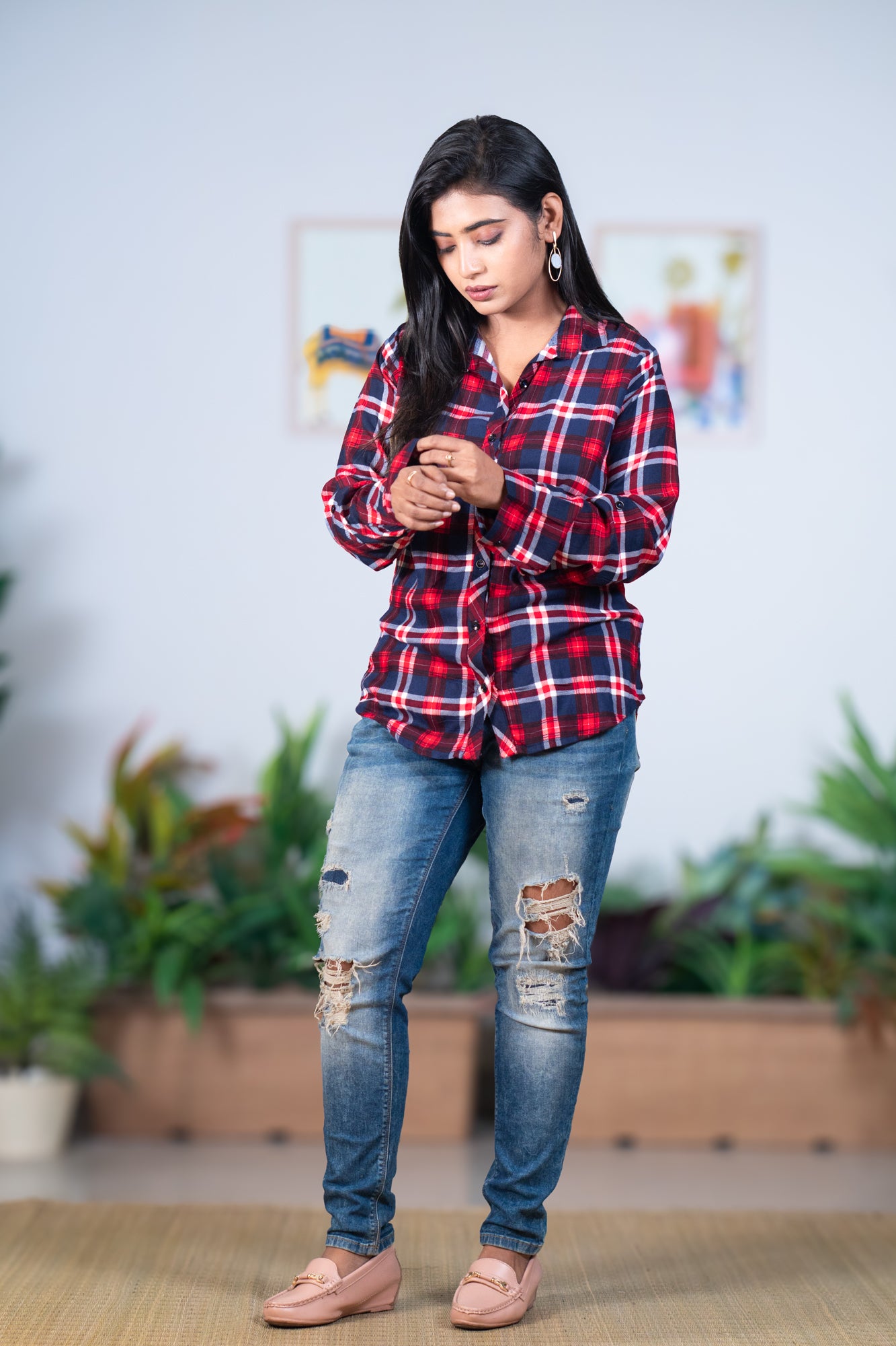 Red blue check butter soft shirt