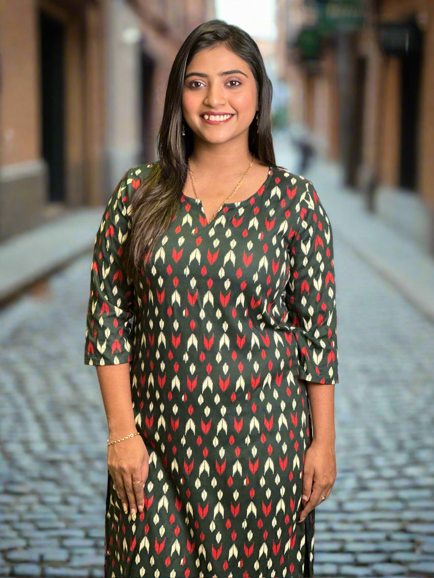 Hyrr Side Cut Kurti Round neck Ikkat Green