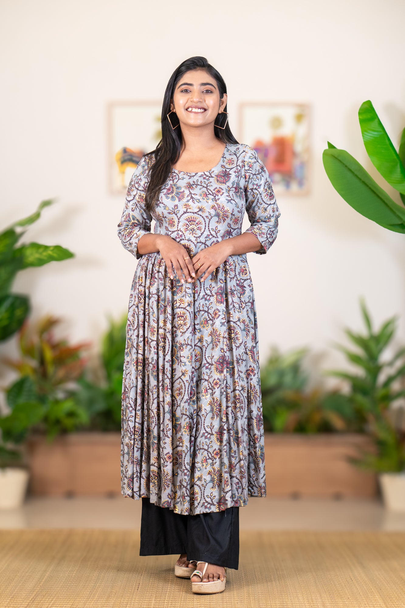Hyrr Kalamkari Gown &plazo Set Grey