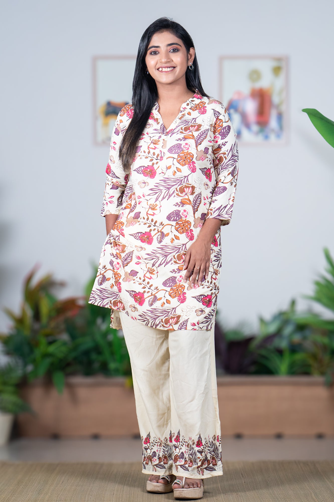 Cream Floral Viscose Kurti with Matching Palazzo set
