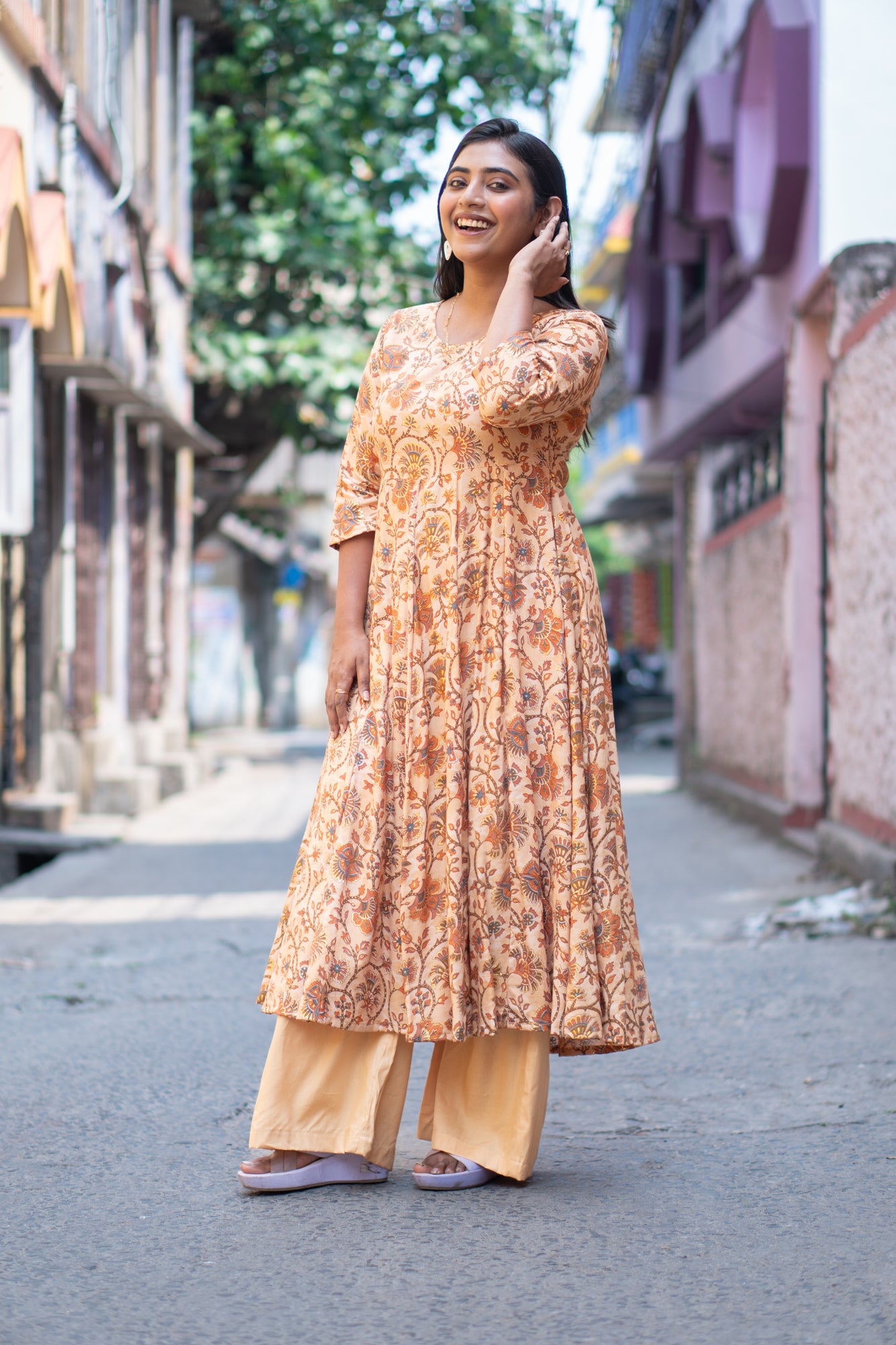 Hyrr Kalamkari Gown &plazo Set Sea Tasar