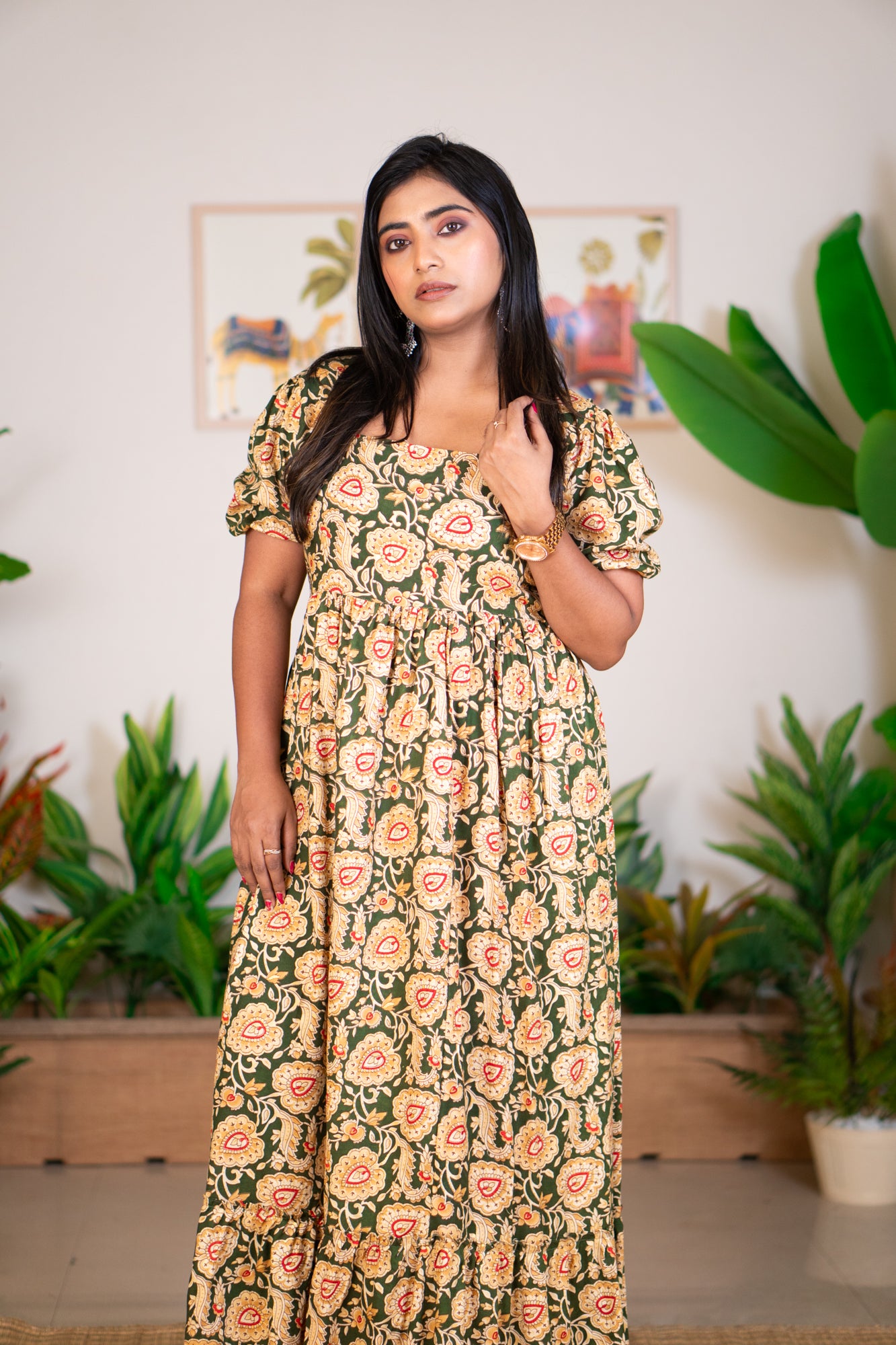 Hyrr Love leafy Gown foil work Green