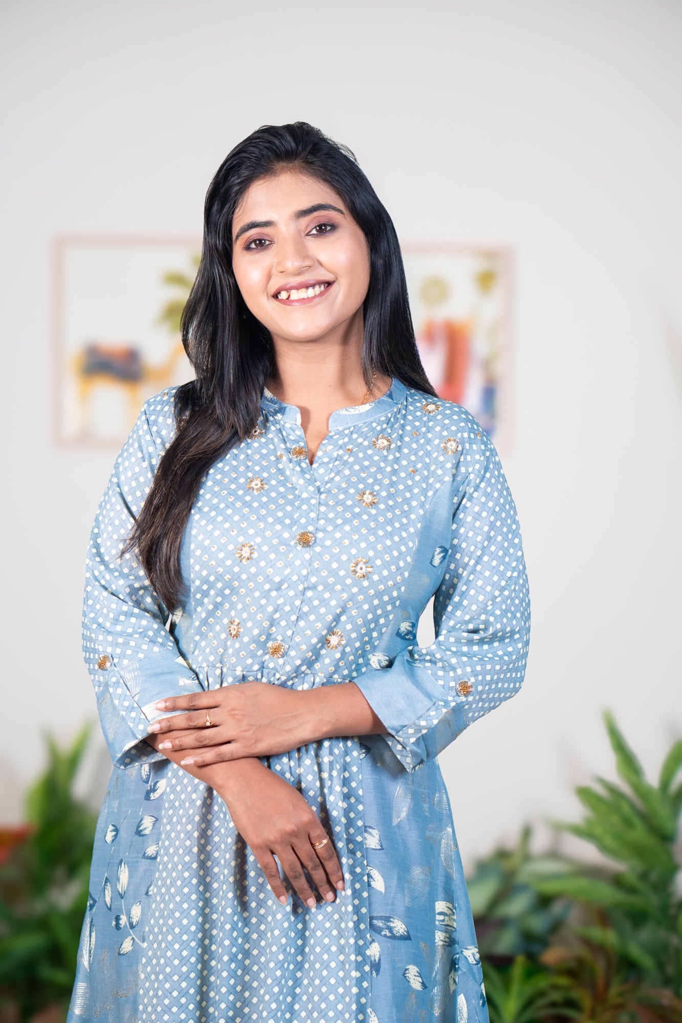 Silver hand work foil viscous gown