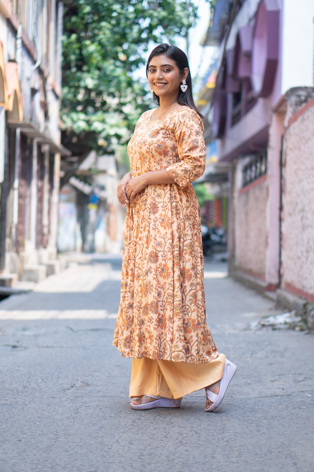 Hyrr Kalamkari Gown &plazo Set Sea Tasar