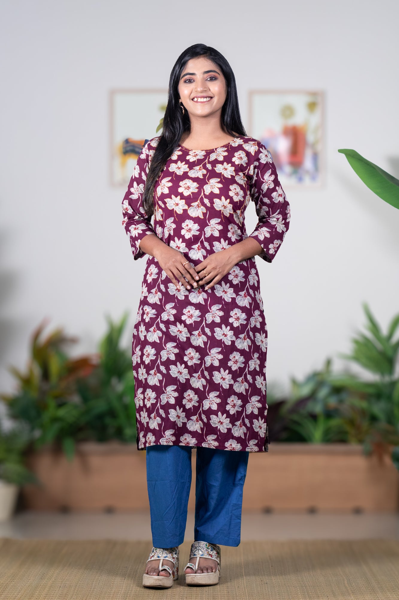 Purple blossom kurti with katha stitch work