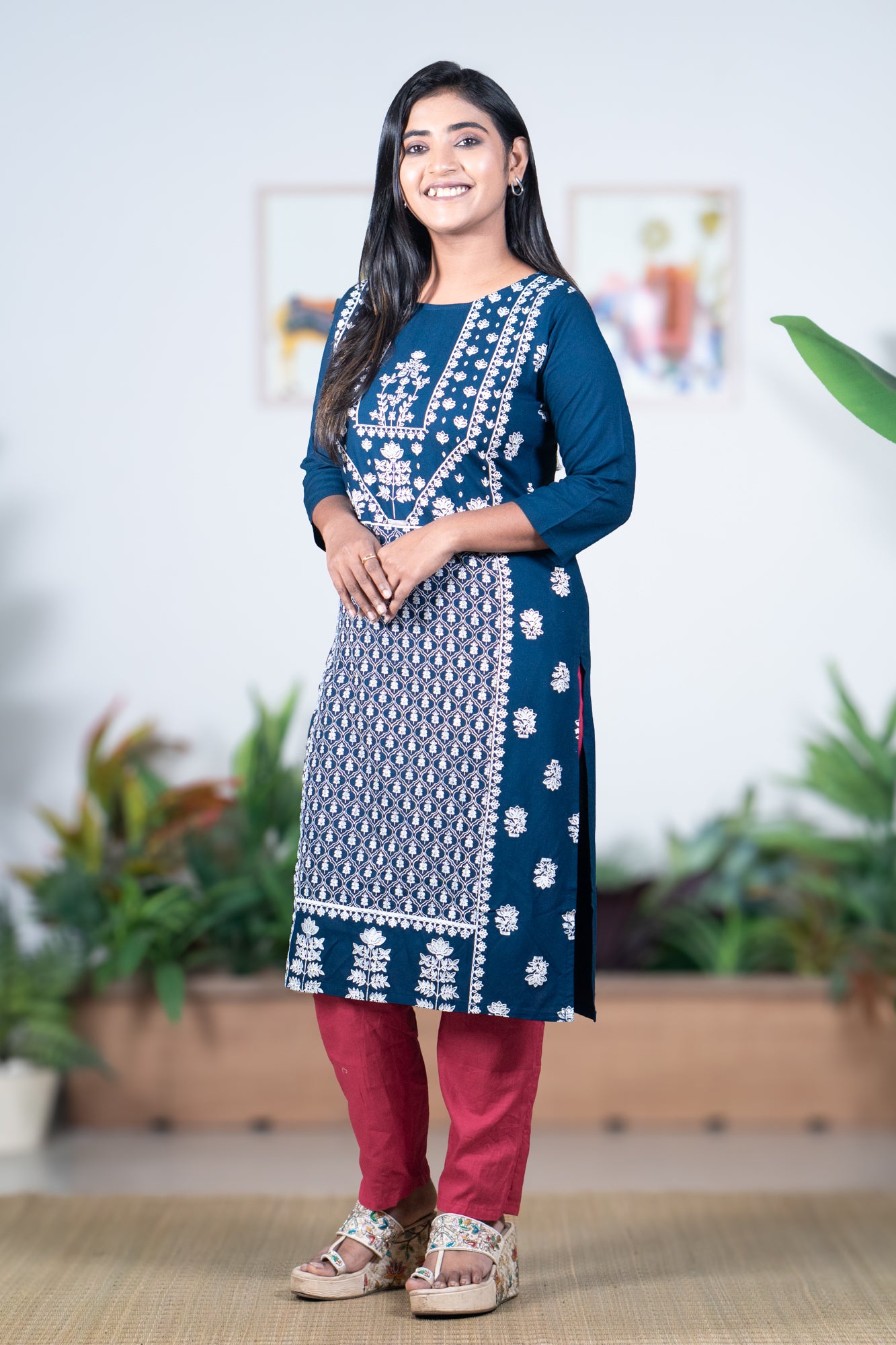 Rama blue kurti with full body work