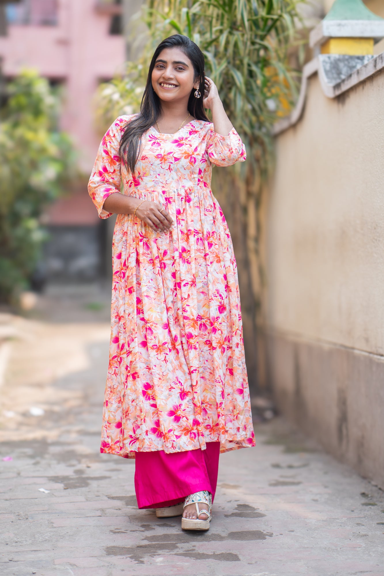 Hyrr Breeze Gown &plazo Set peach Rani