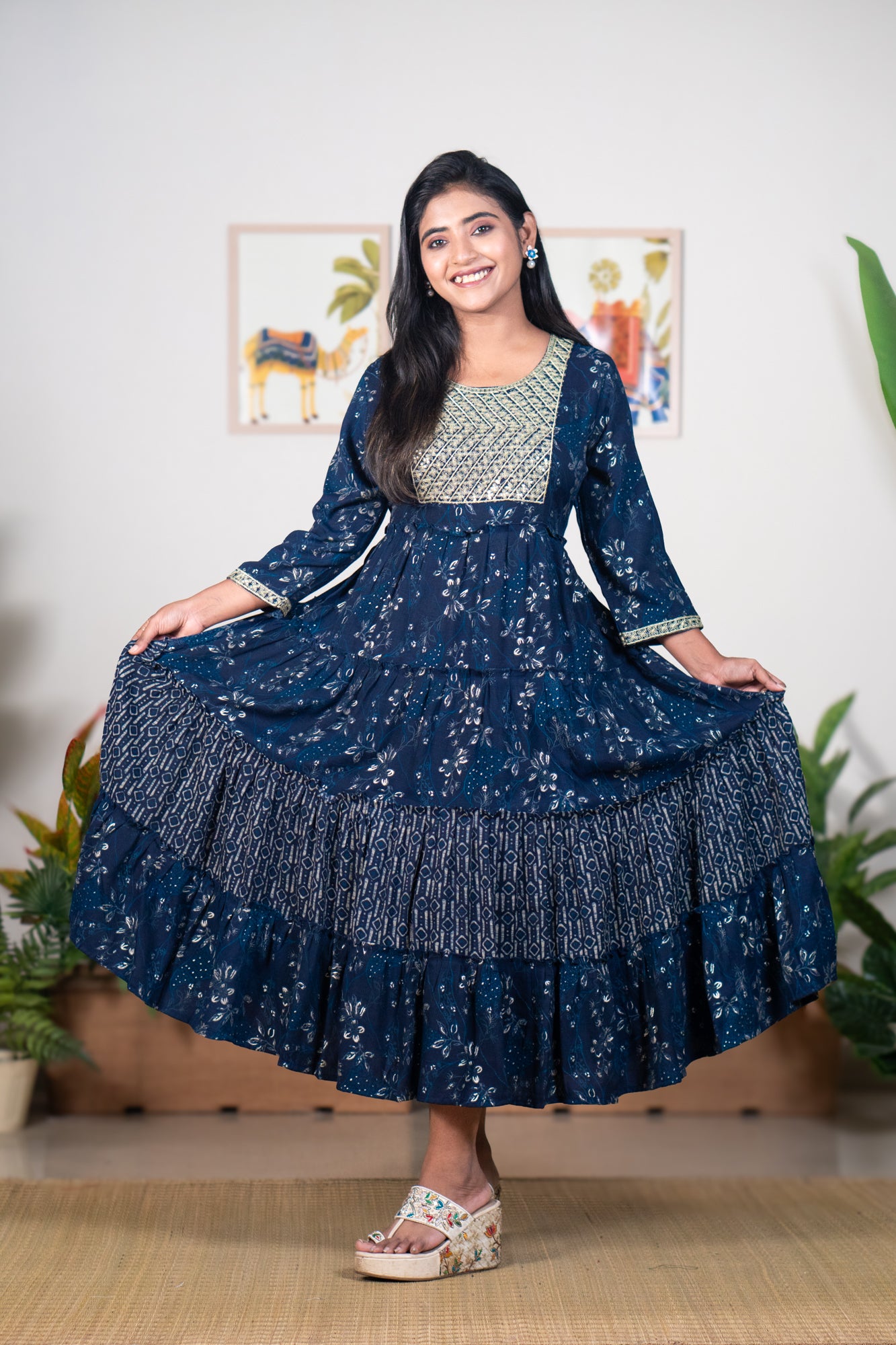 Blue mayurpankhi gown with sequin work