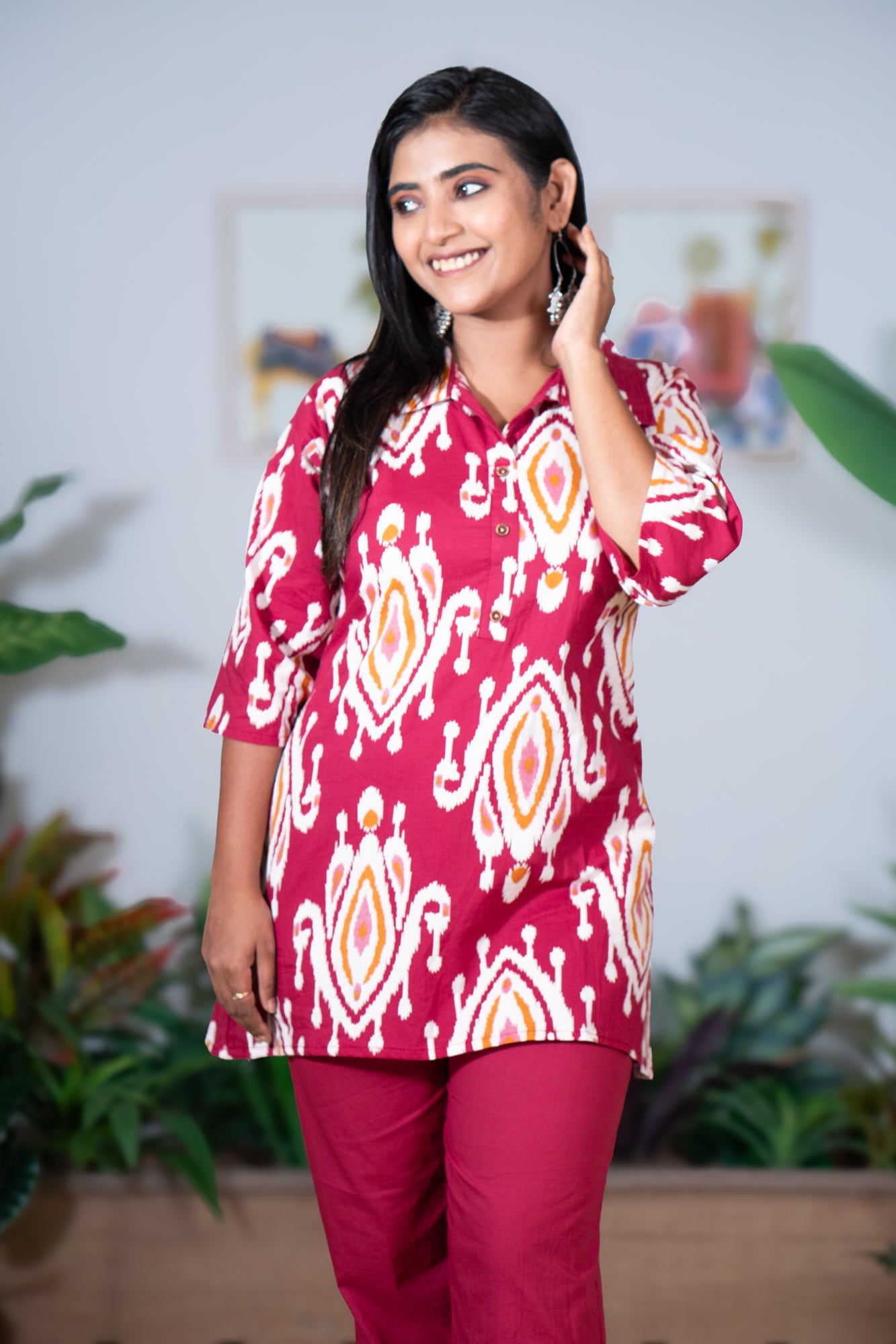 Hyrr Maroon Mirage Ikat Co-ord Set Organic 60 60 cotton