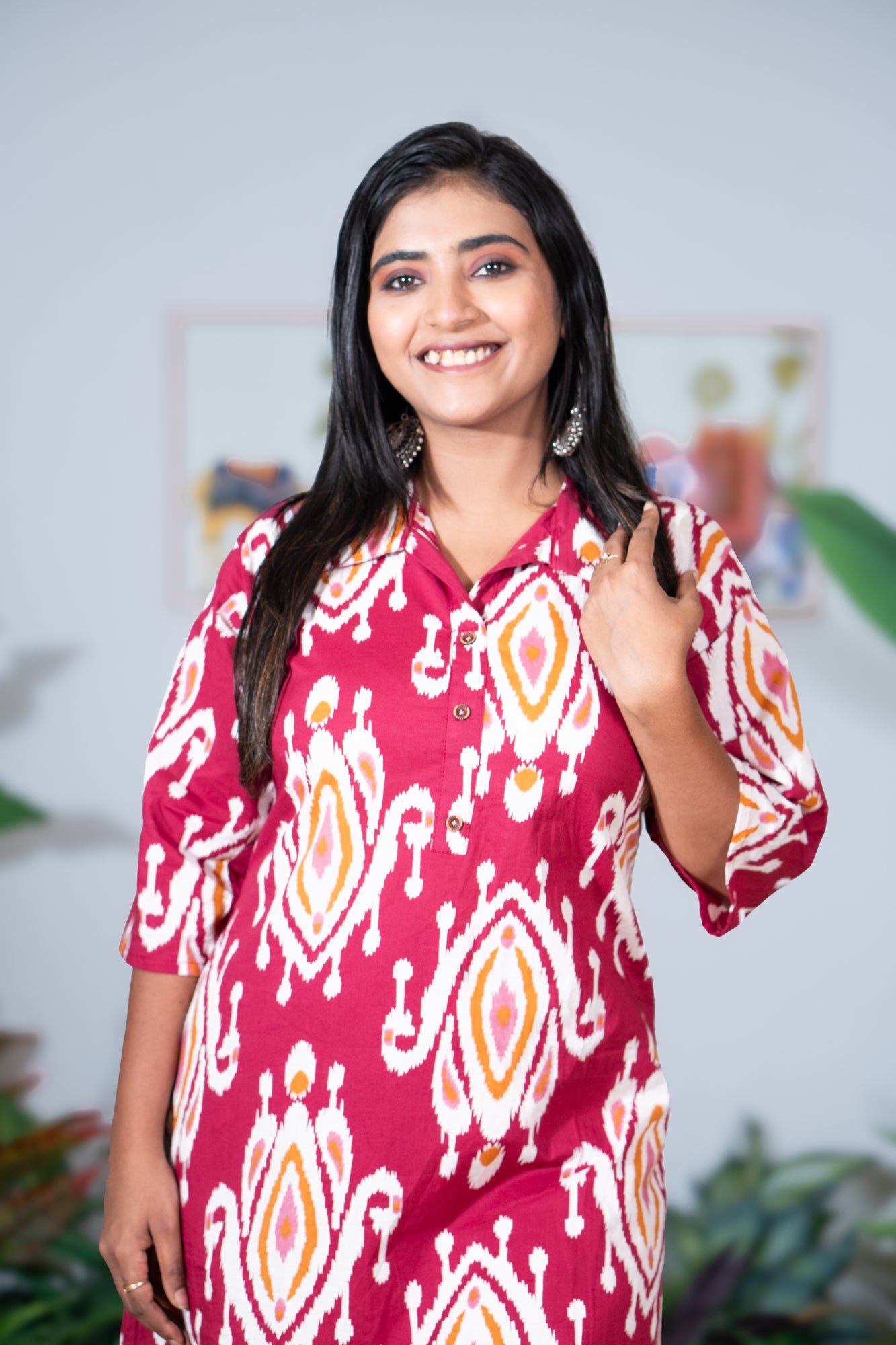 Hyrr Maroon Mirage Ikat Co-ord Set Organic 60 60 cotton
