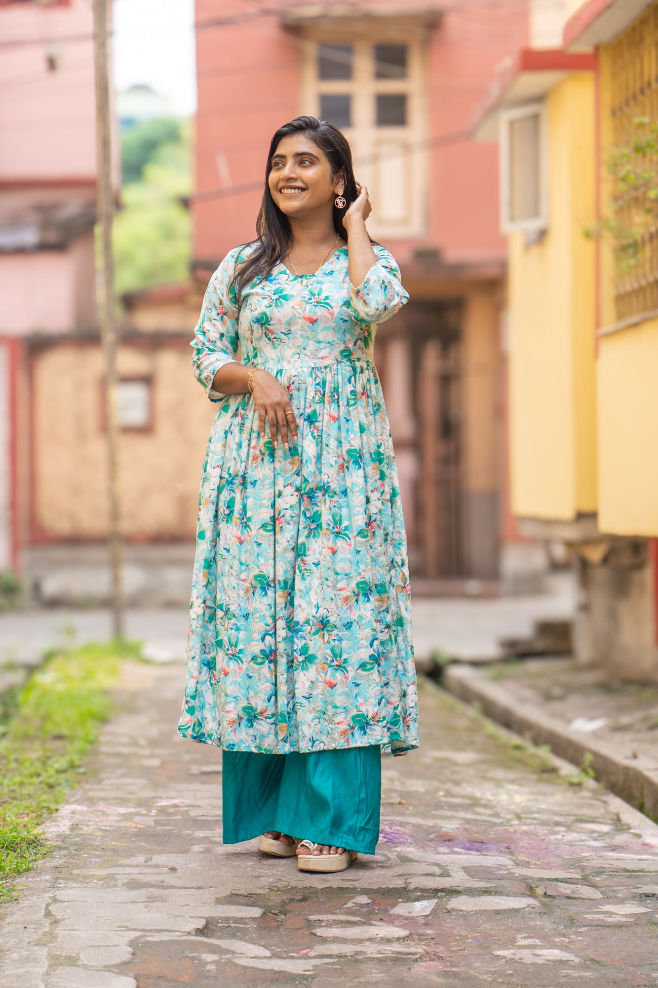 Hyrr Breeze Gown &plazo Set Sea Green