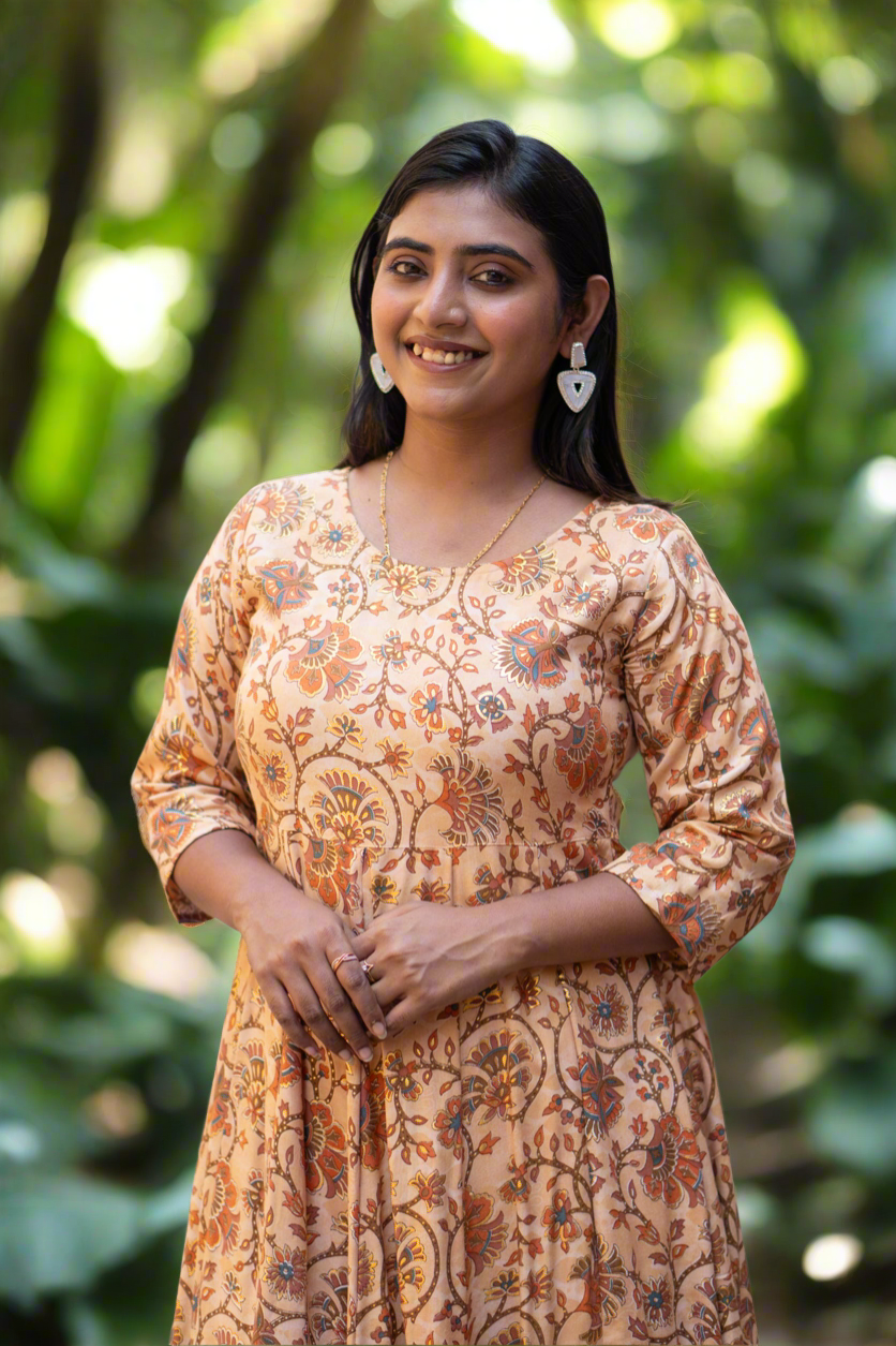 Hyrr Kalamkari Gown &plazo Set Sea Tasar
