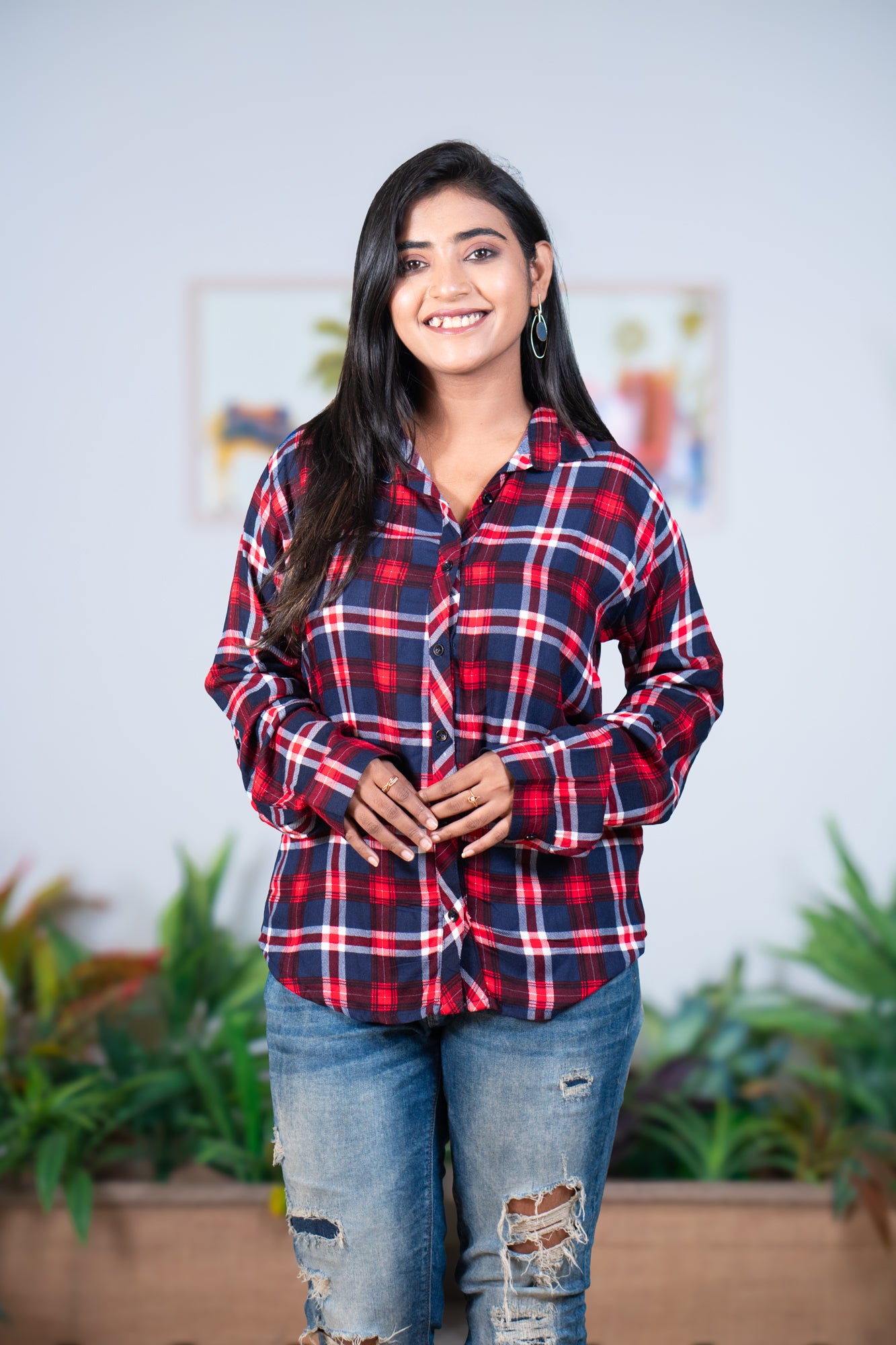 Red blue check butter soft shirt
