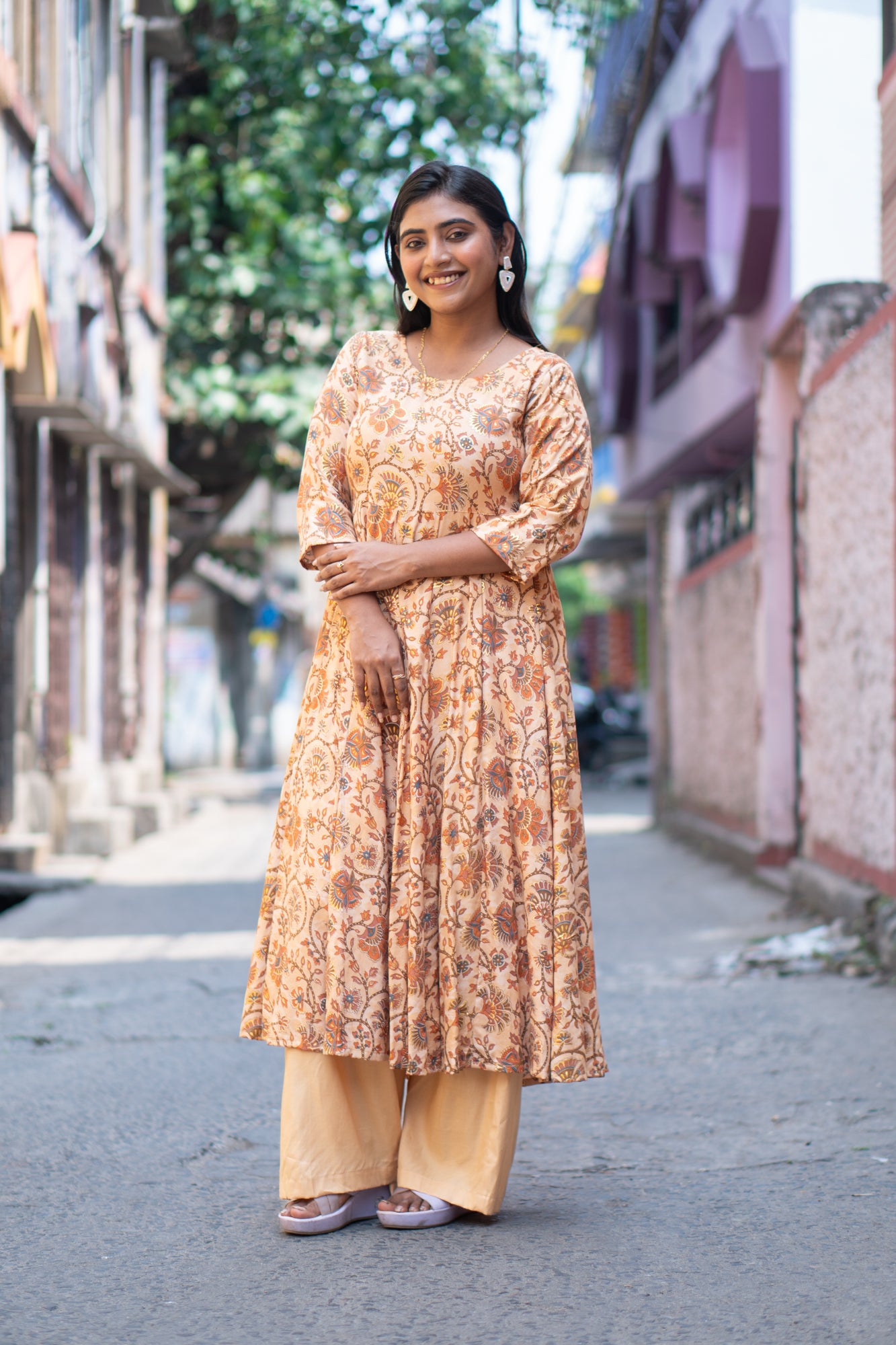 Hyrr Kalamkari Gown &plazo Set Sea Tasar