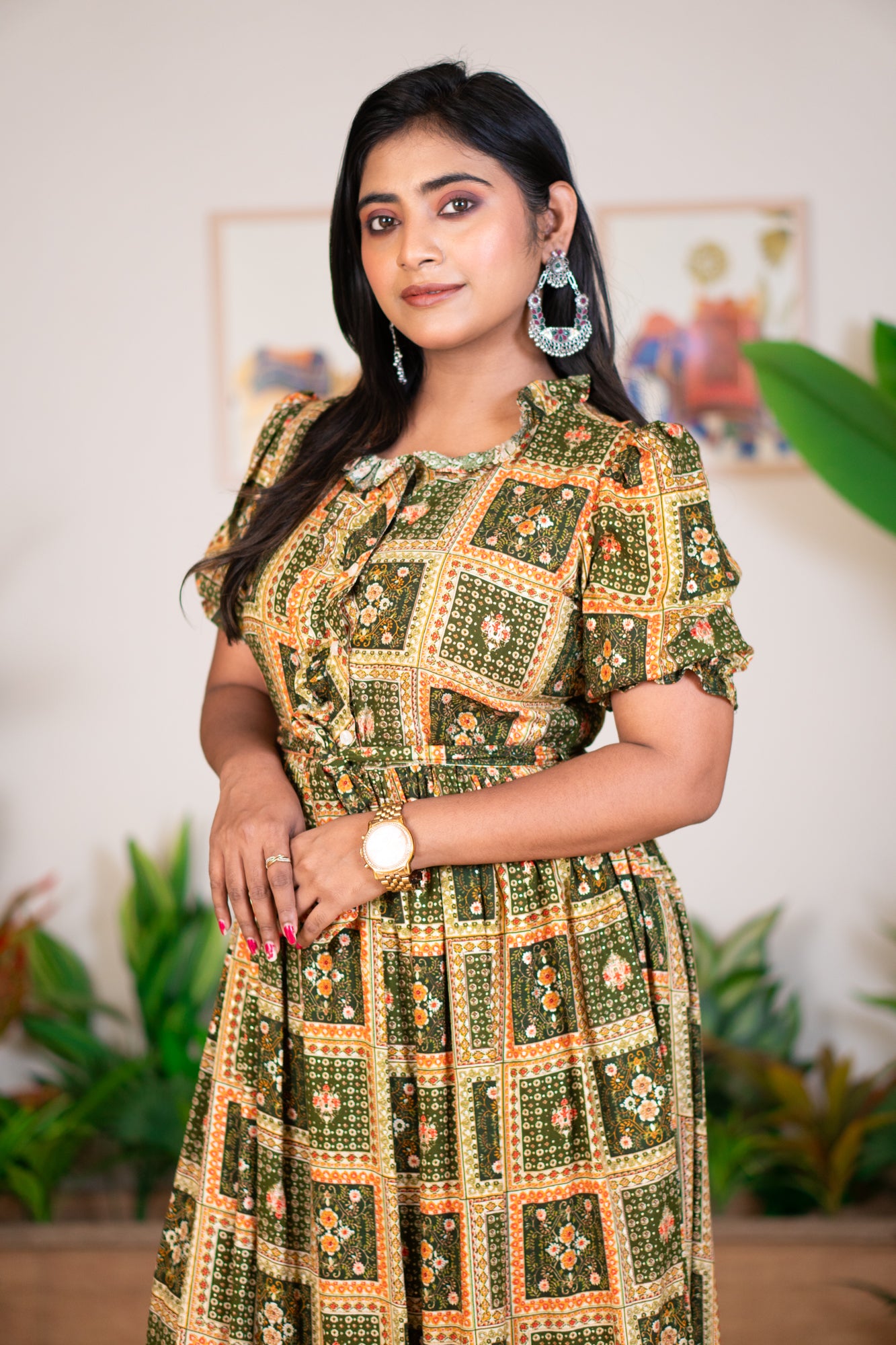 Hyrr Boho bandhani Long maxi gown foil print Green