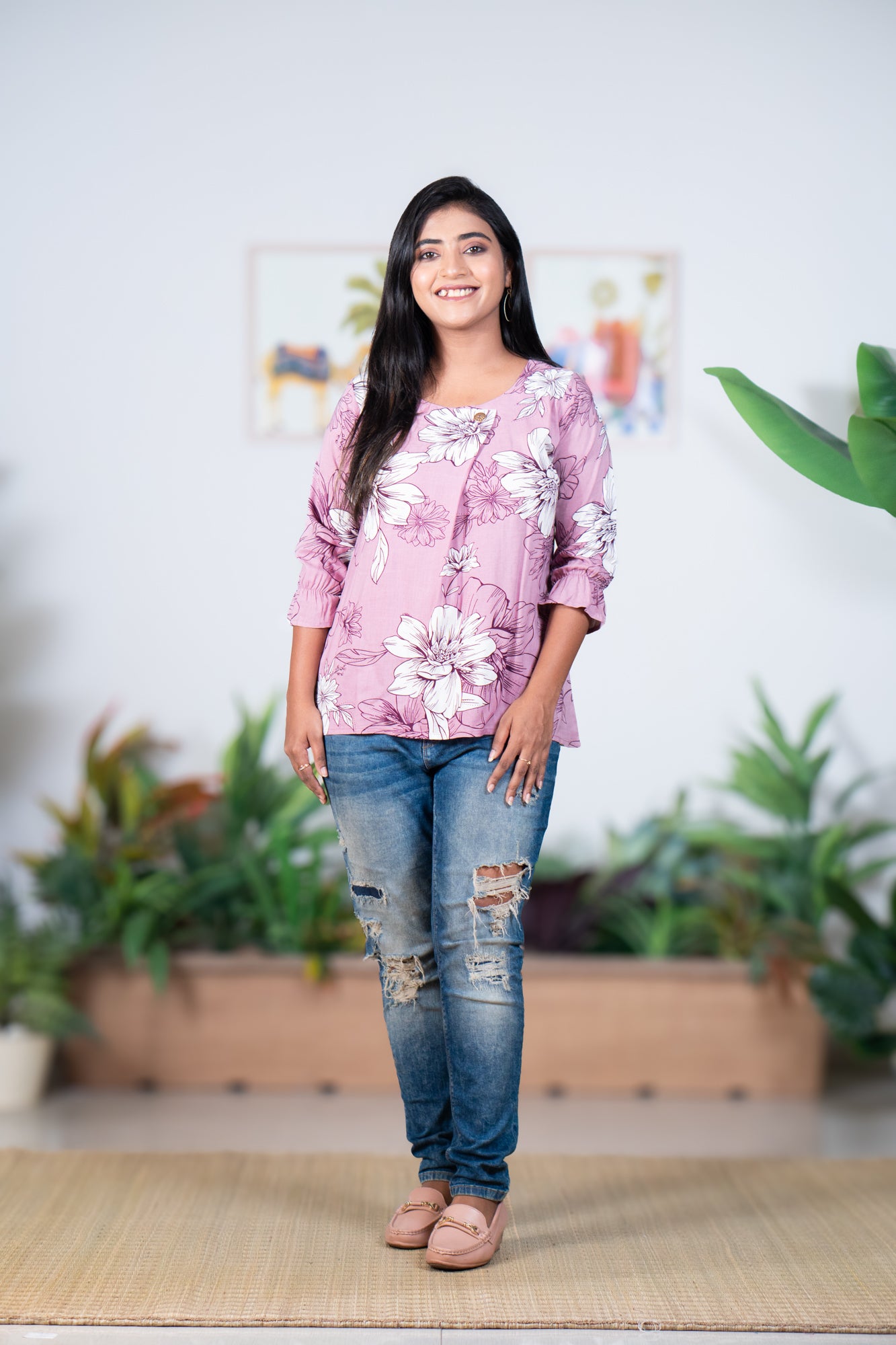 Floral front fold lavender viscous top