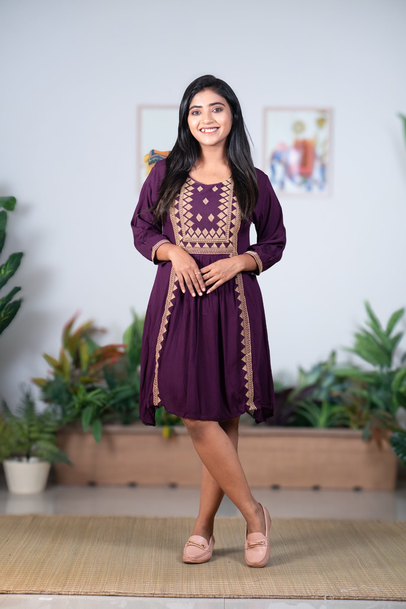 Purple thread work midi gown