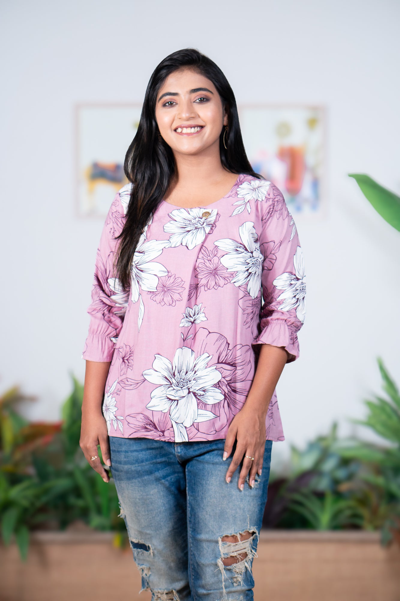 Floral front fold lavender viscous top