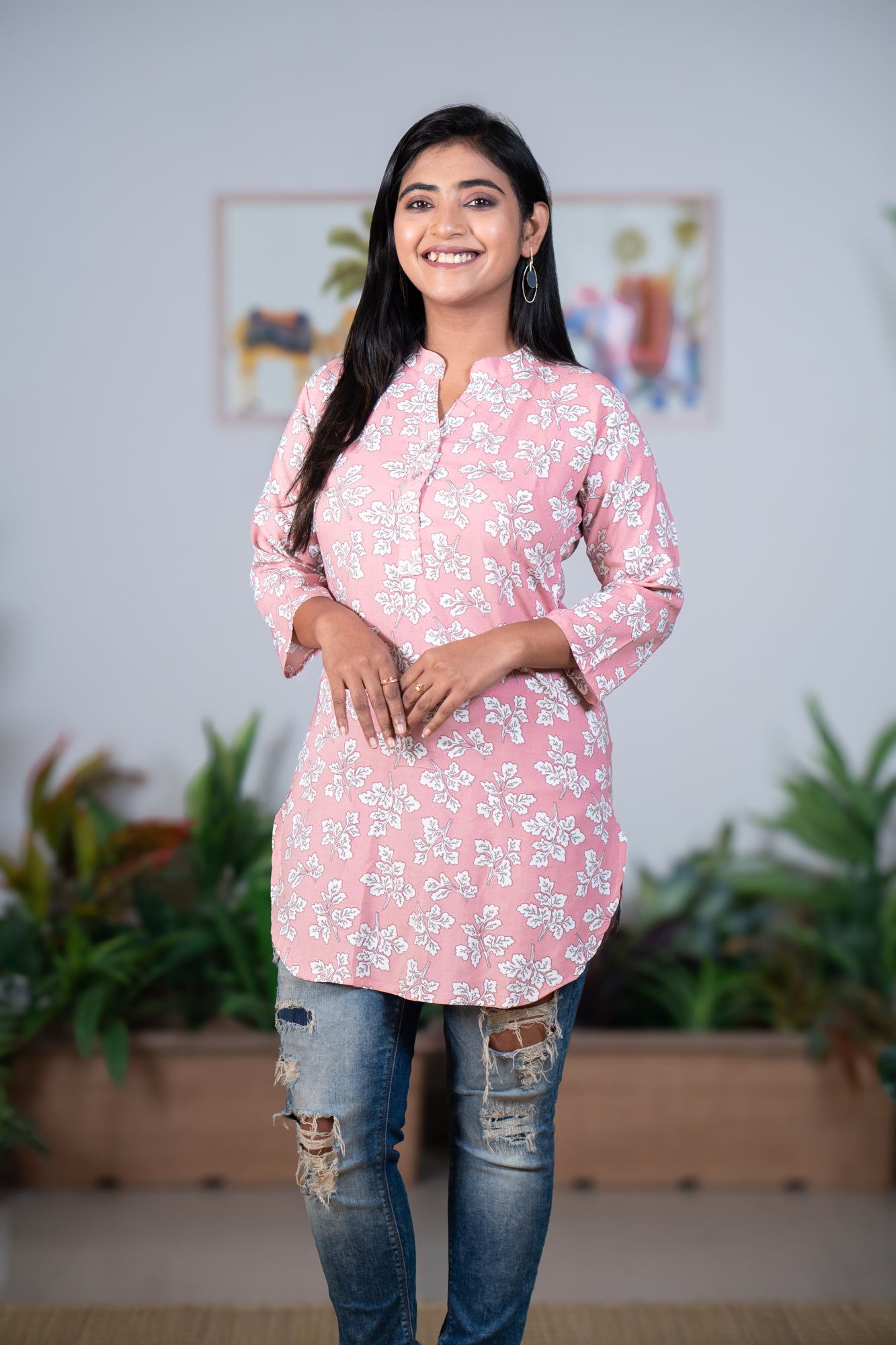 Peach long kurta floral print
