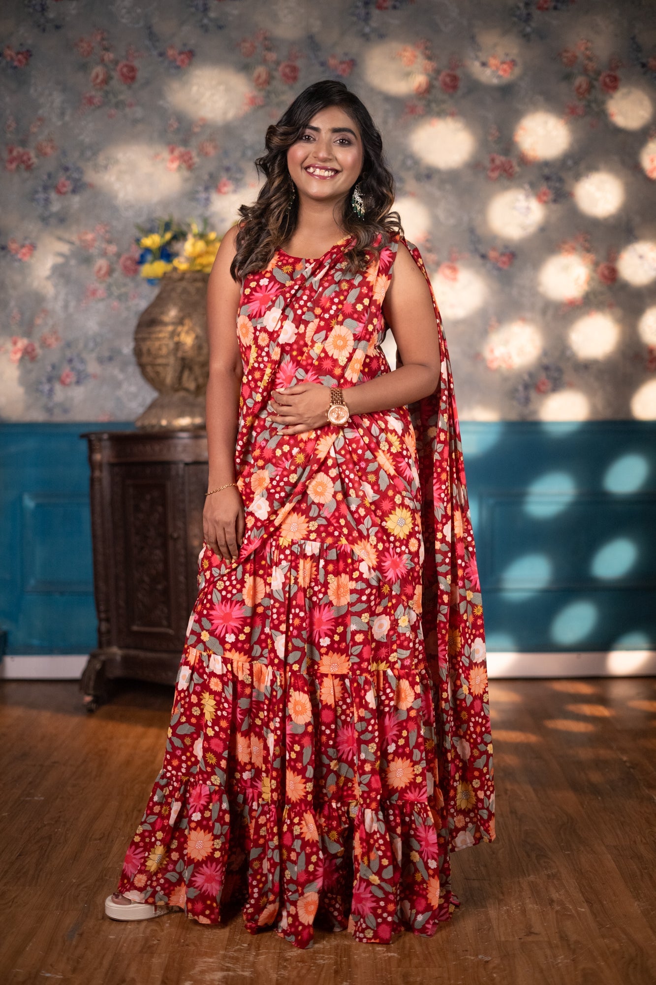 Kissi Chiffon Draped Saree Gown Red