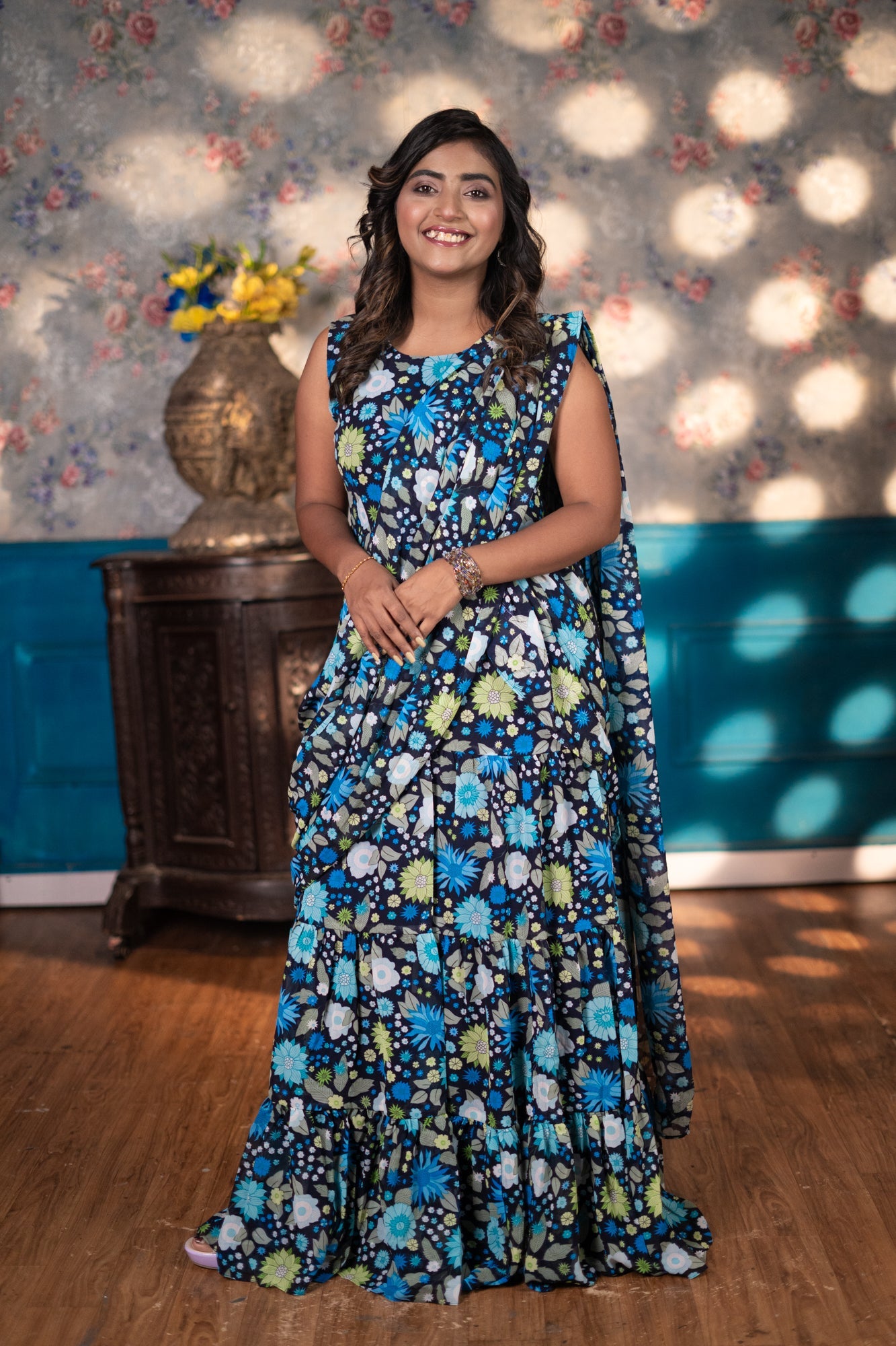 Kissi Chiffon Draped Saree Gown Blue