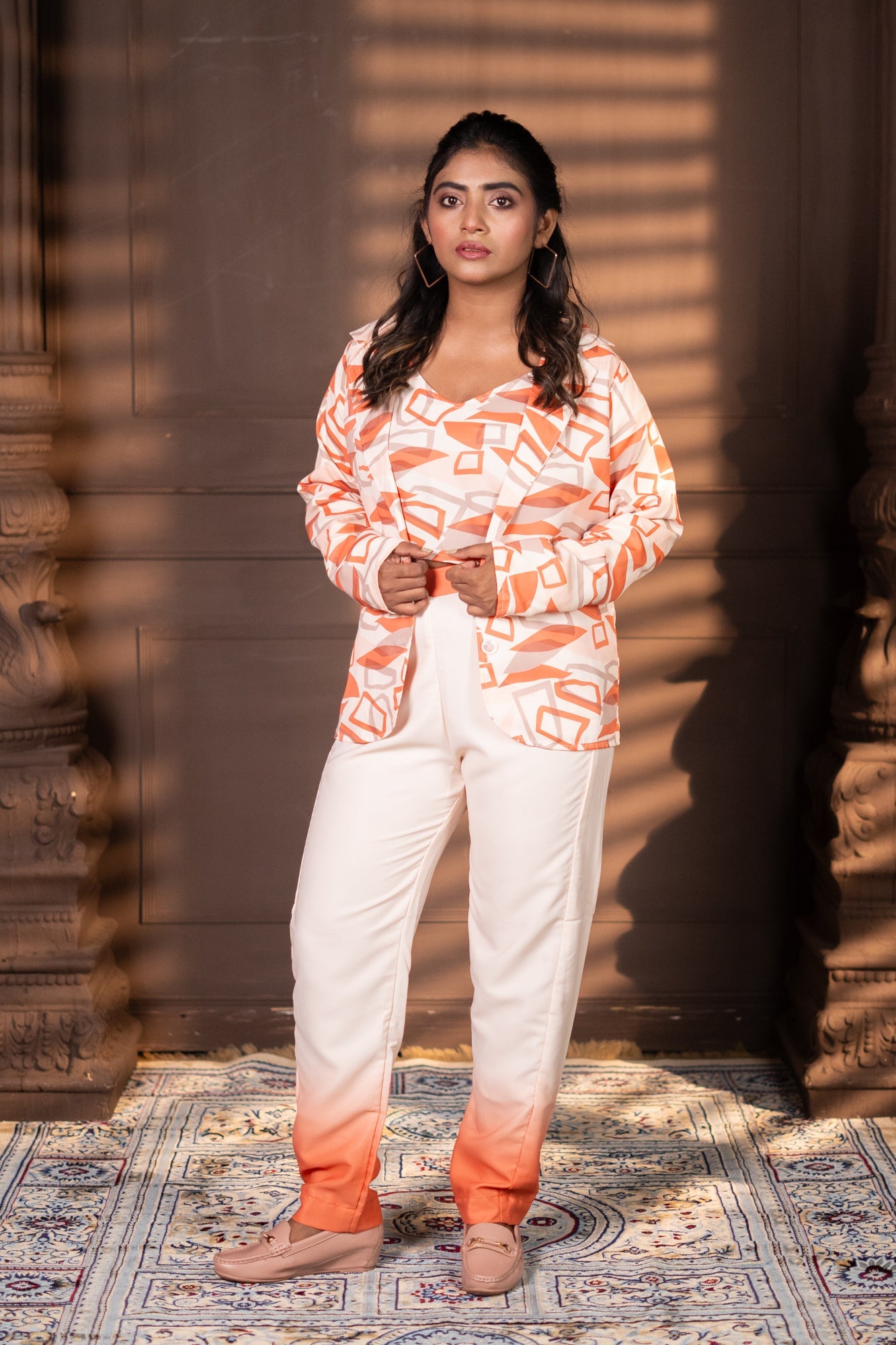 Kissi geometric Blazer 3 pice Set Orange