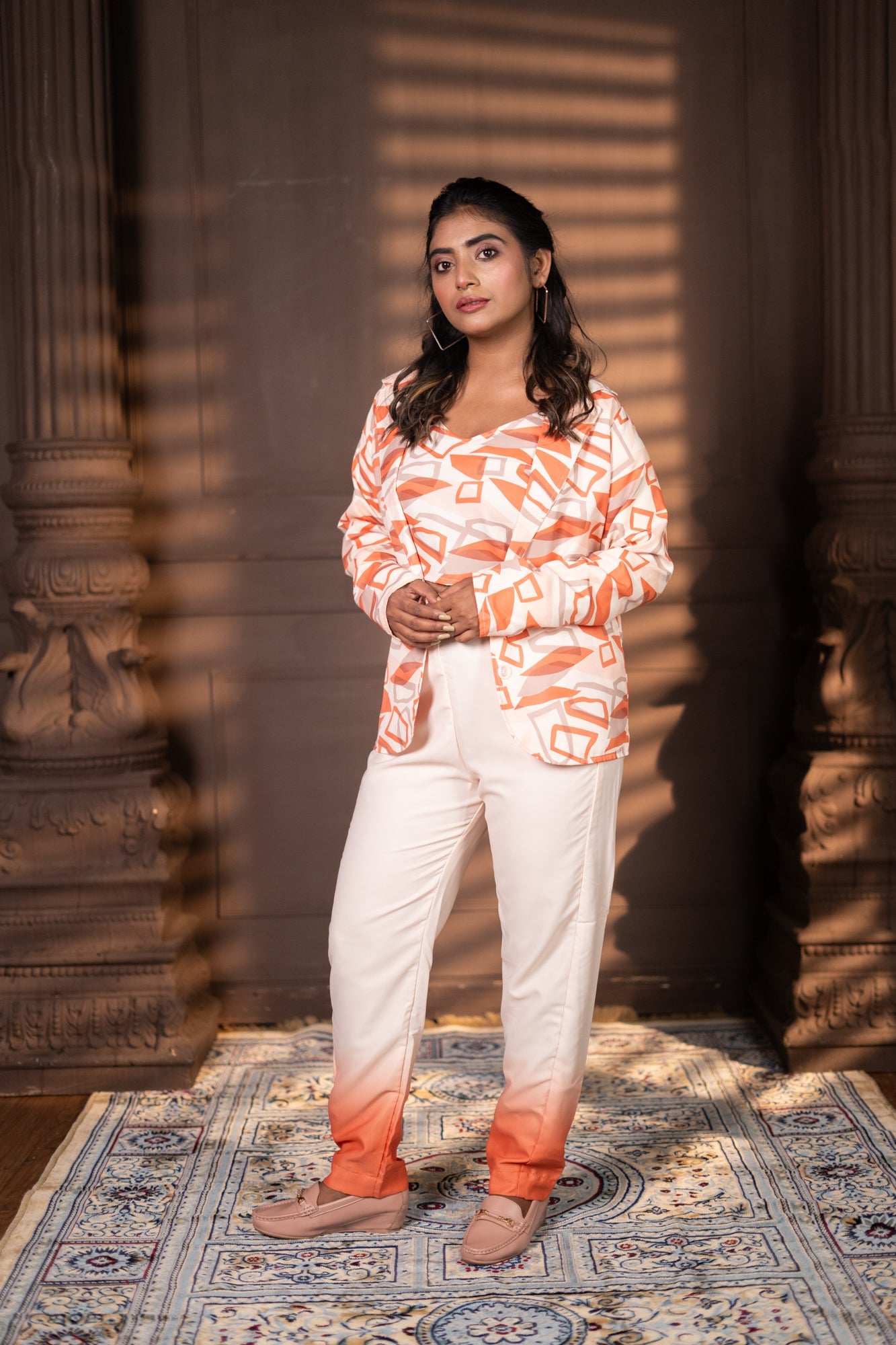 Kissi geometric Blazer 3 pice Set Orange