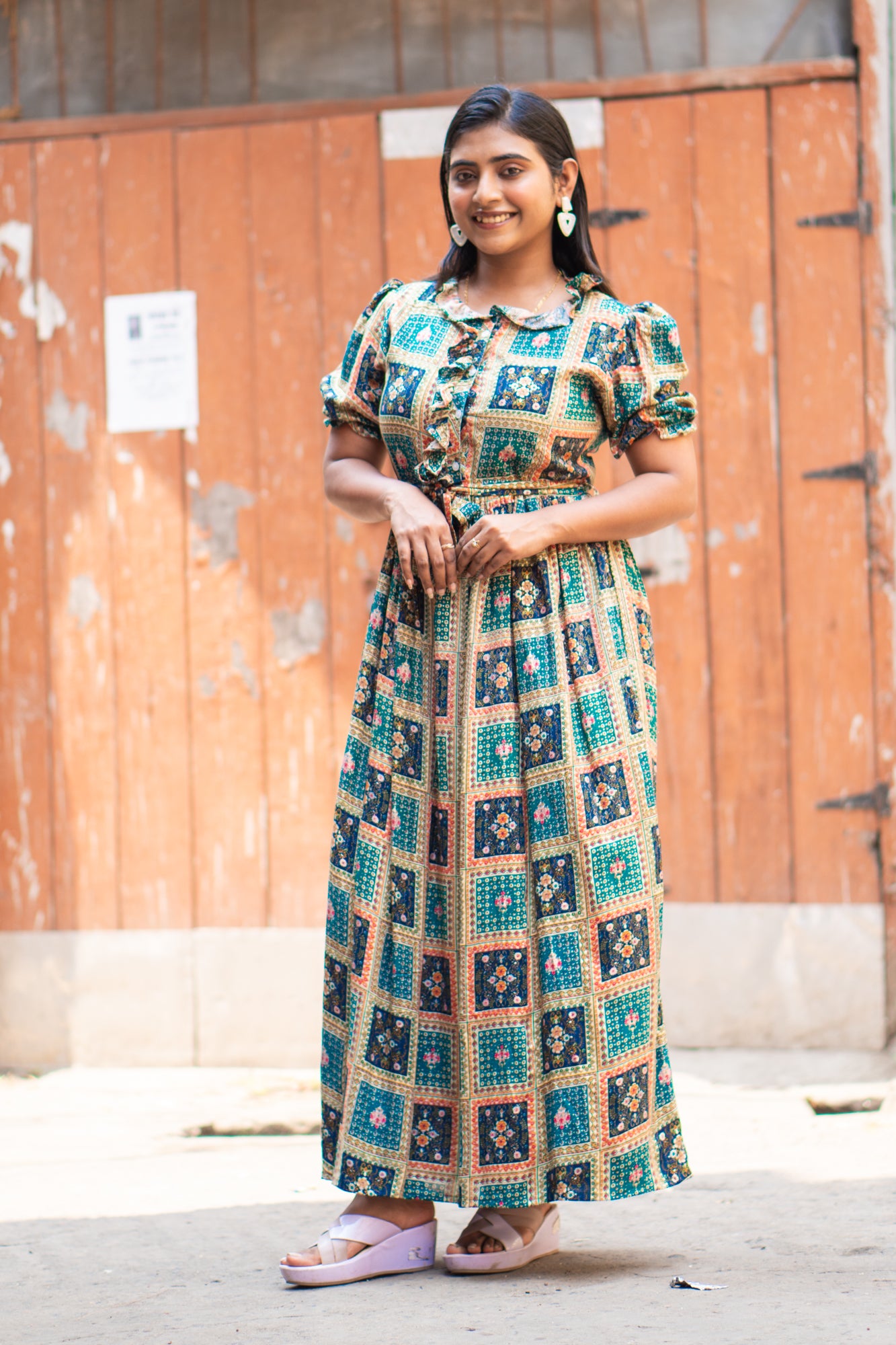 Hyrr Boho bandhani Long maxi gown foil print Blue