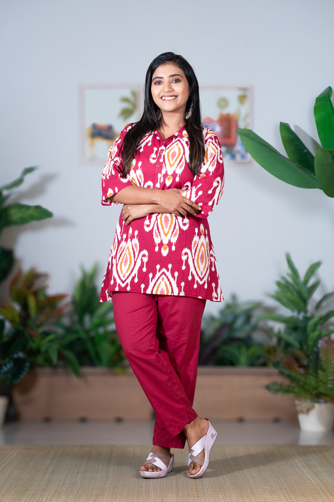 Hyrr Maroon Mirage Ikat Co-ord Set Organic 60 60 cotton