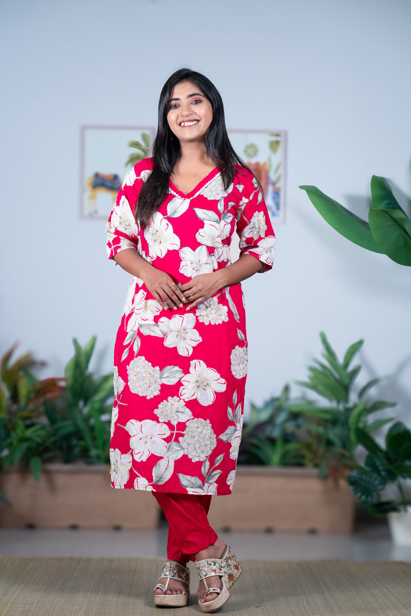 Rani molmol coton katha stitch kurti pant set