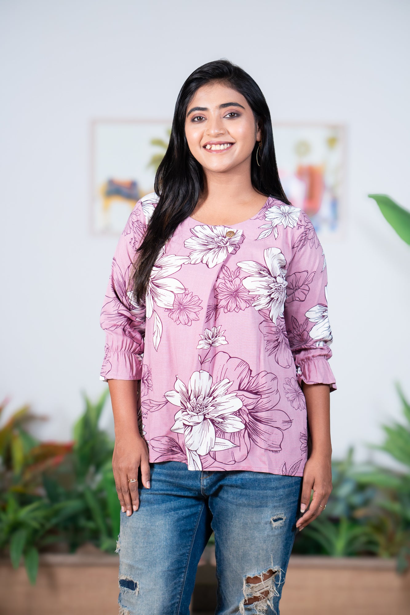 Floral front fold lavender viscous top