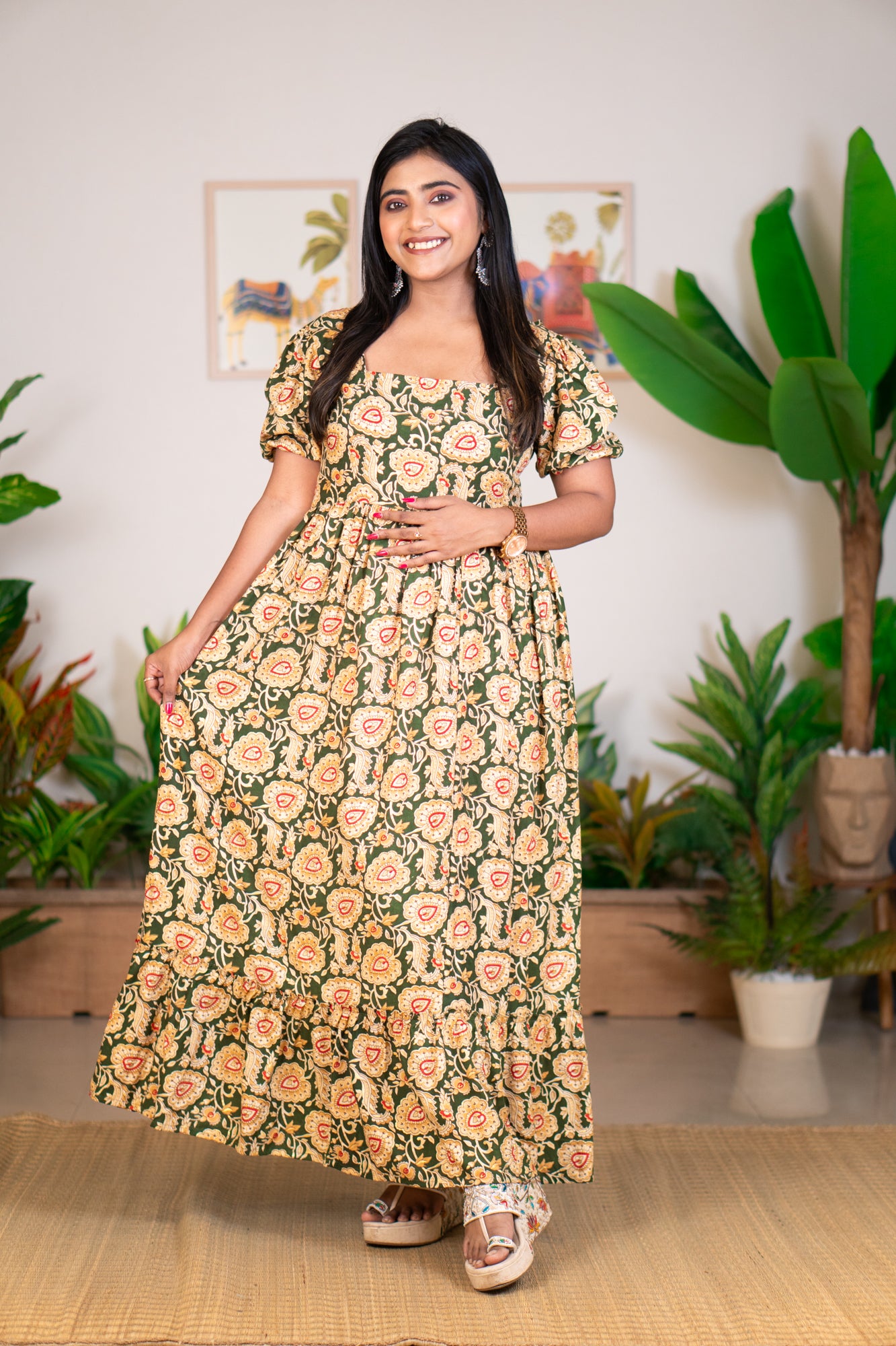 Hyrr Love leafy Gown foil work Green