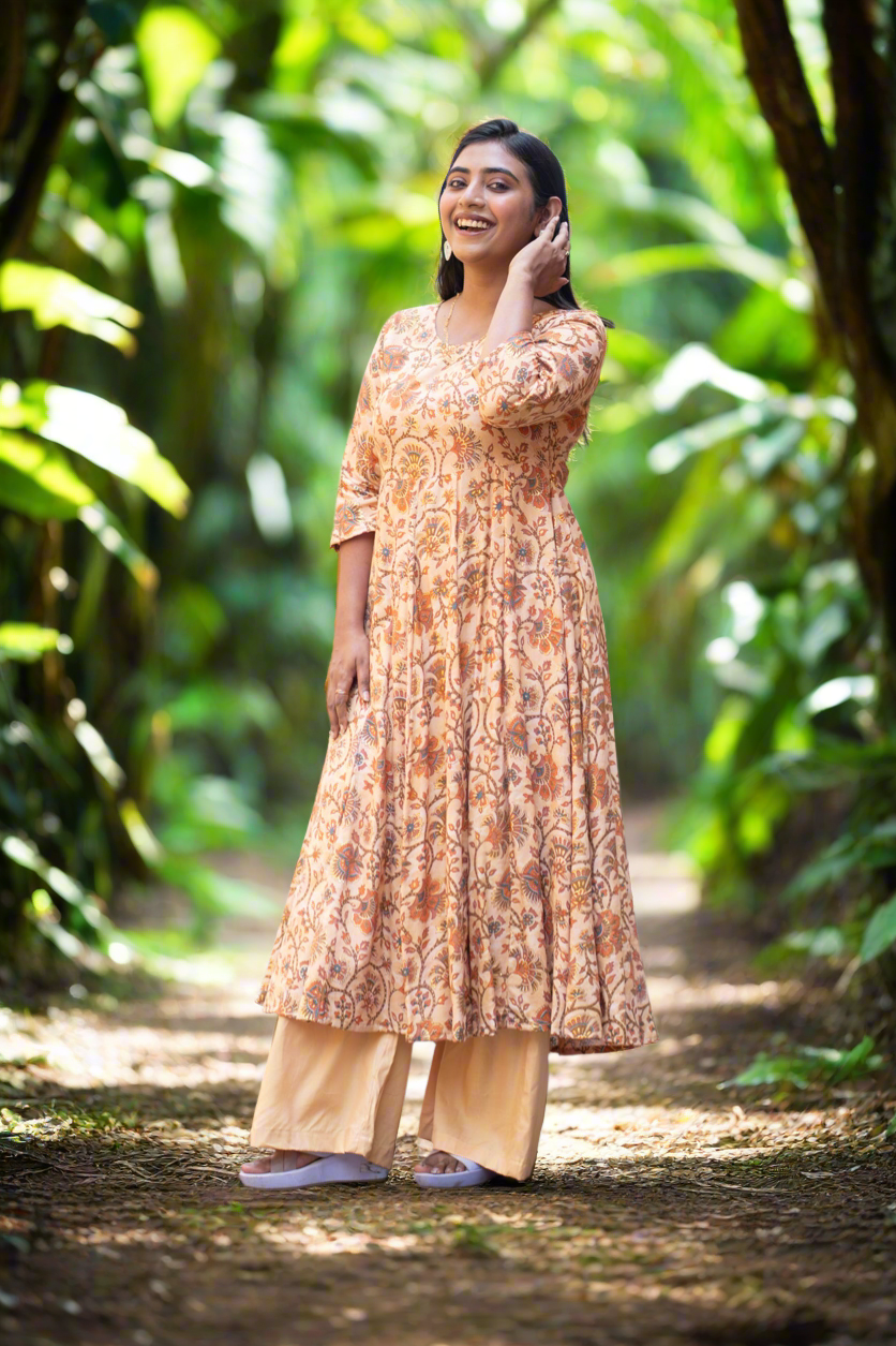 Hyrr Kalamkari Gown &plazo Set Sea Tasar