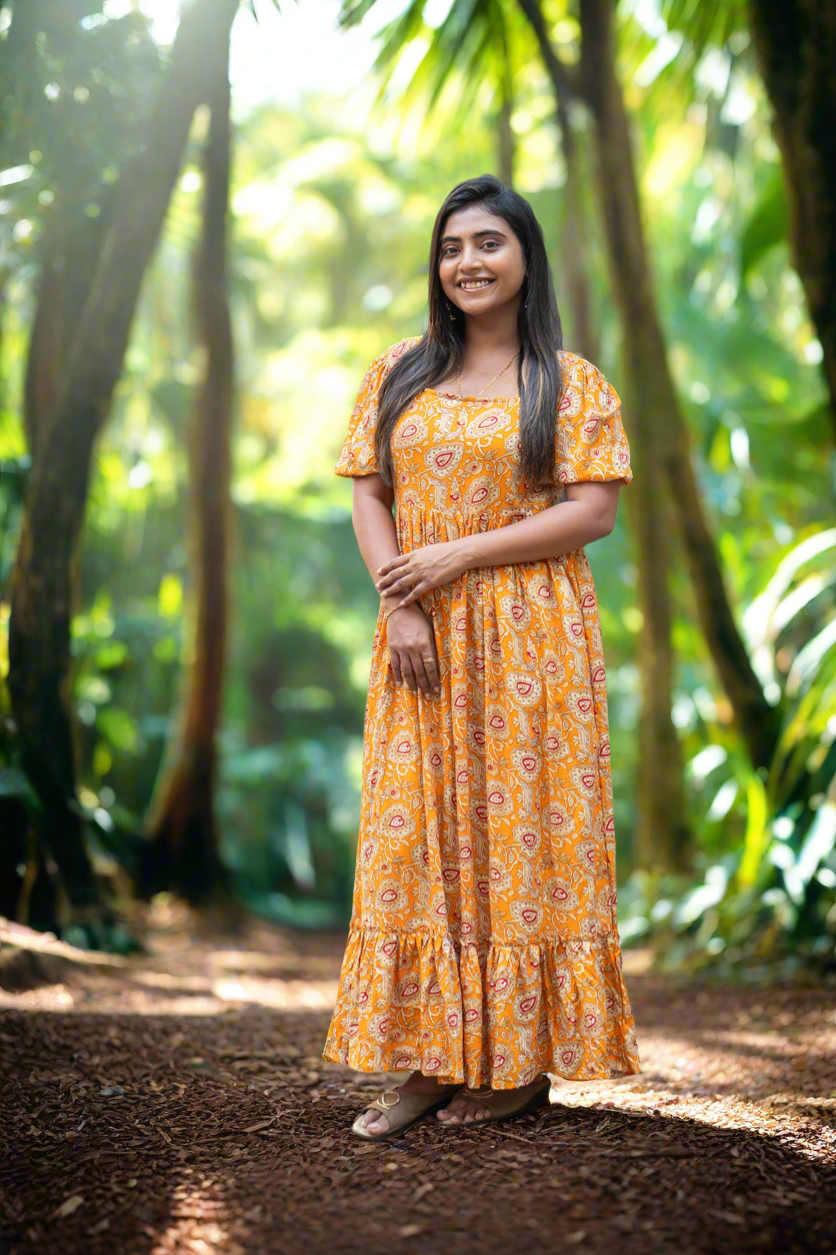 Hyrr Love leafy Gown foil work Yellow