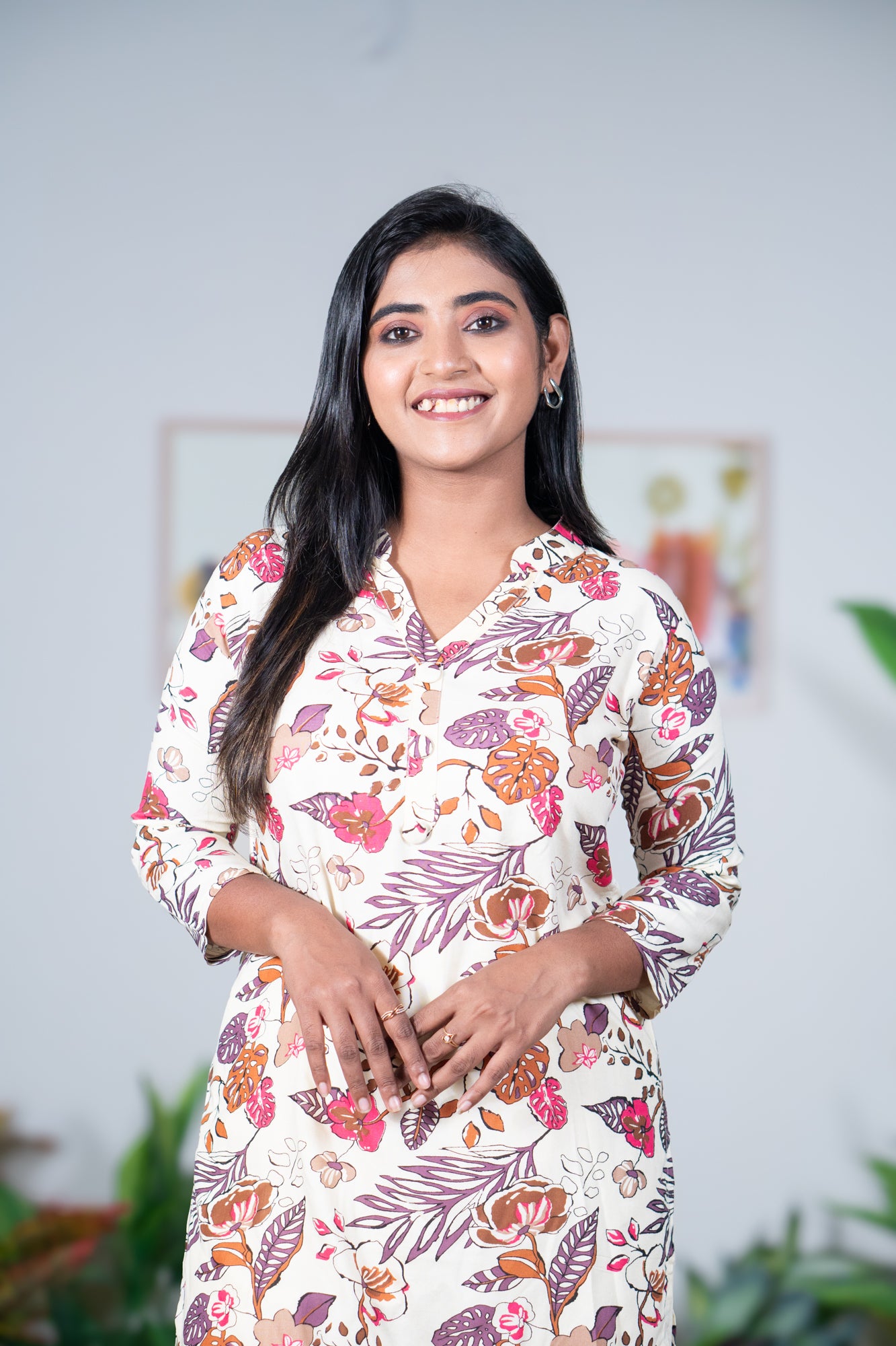 Cream Floral Viscose Kurti with Matching Palazzo set