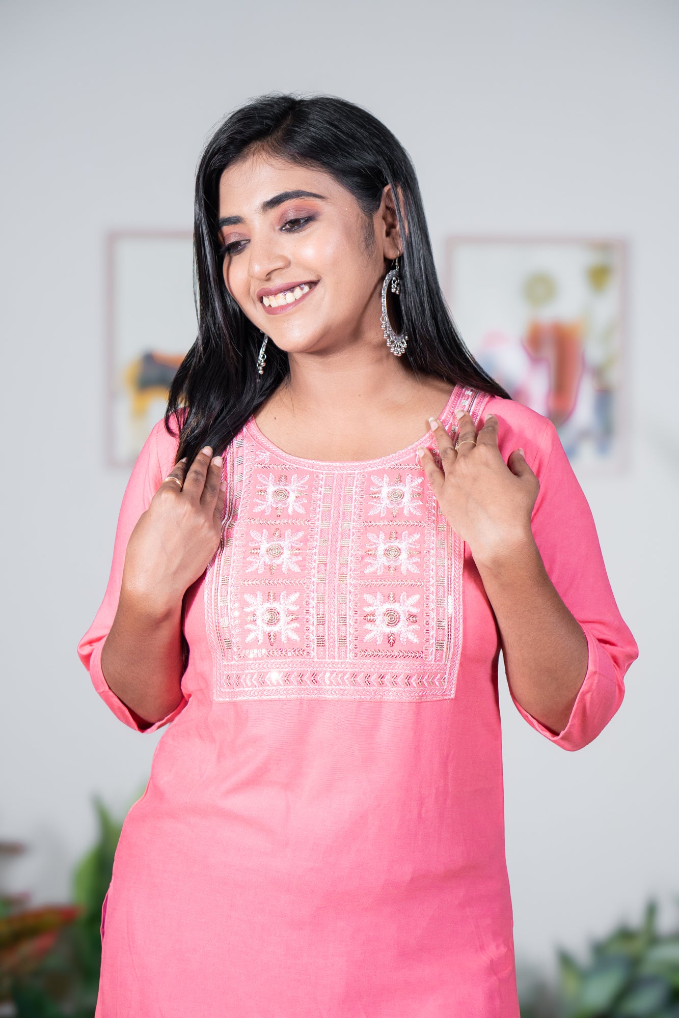 Dudhe Alta Pink Kurti with Thread & Sequin Embroidery