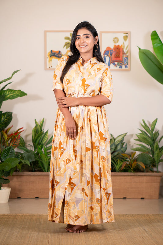 Hyrr geometric long front open Gown with belt yellow