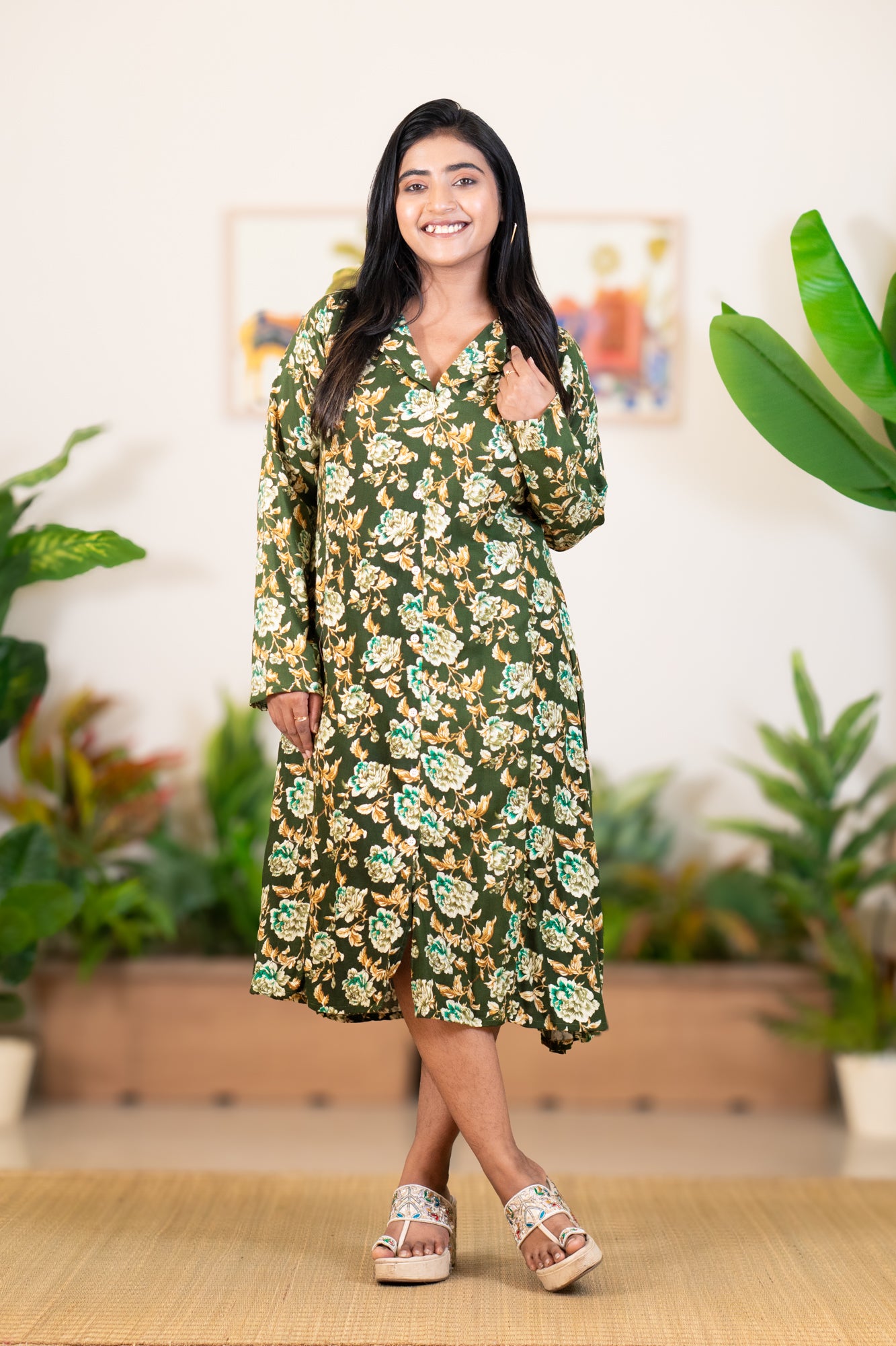 Hyrr Petals gown blazer collar foil print Pesta green