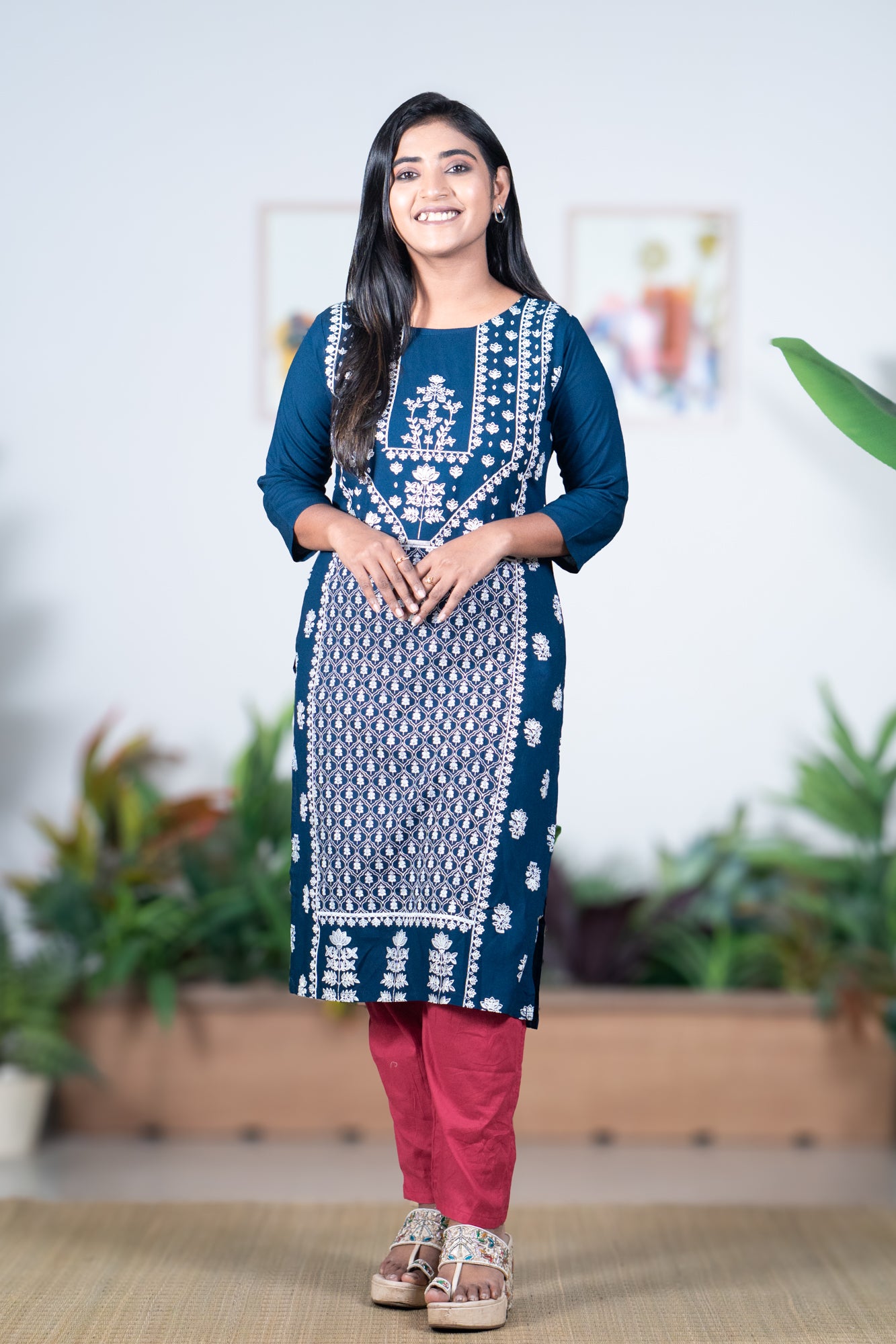 Rama blue kurti with full body work