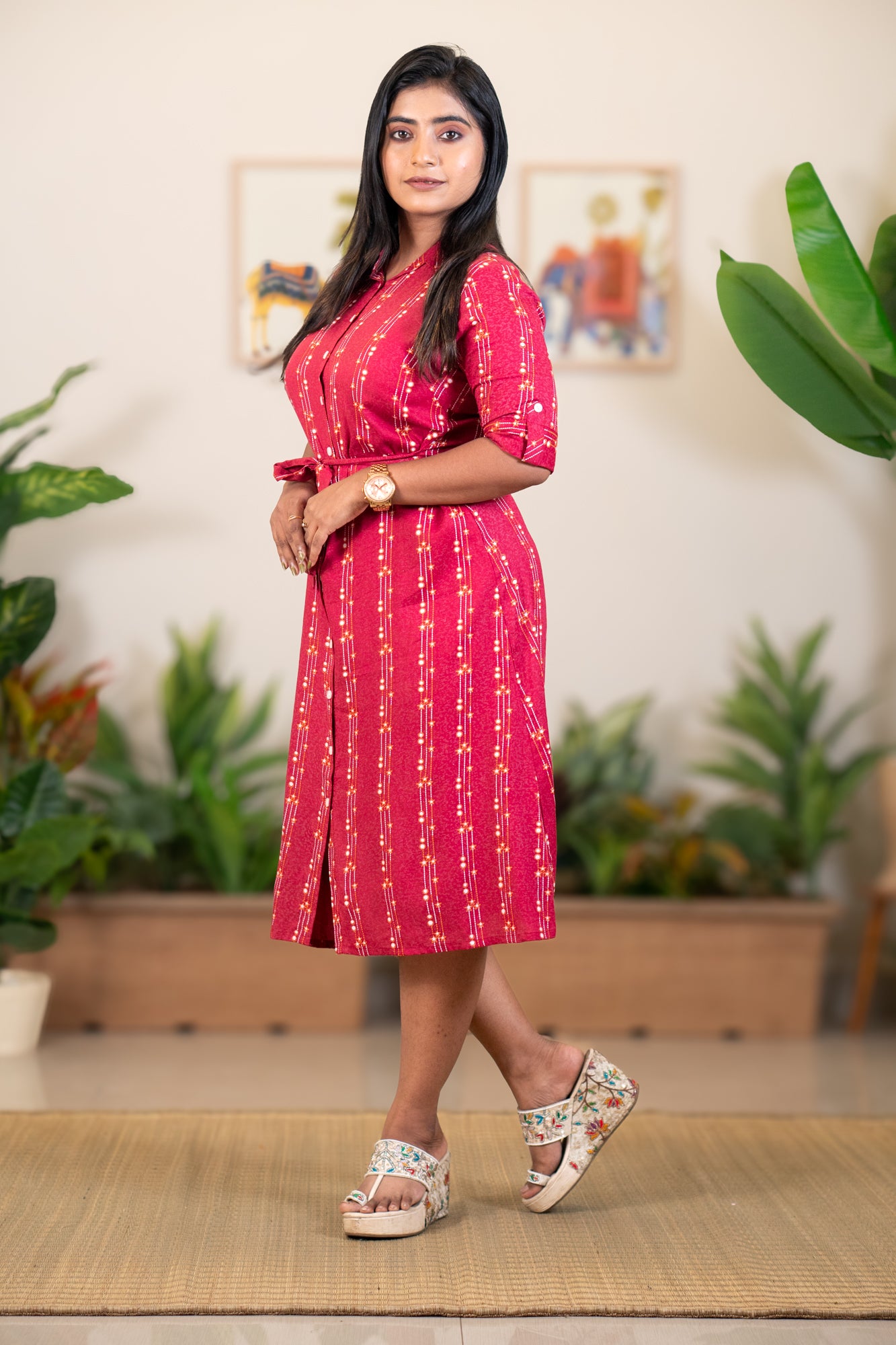 Hyrr Star Dress front open shirt collar Red