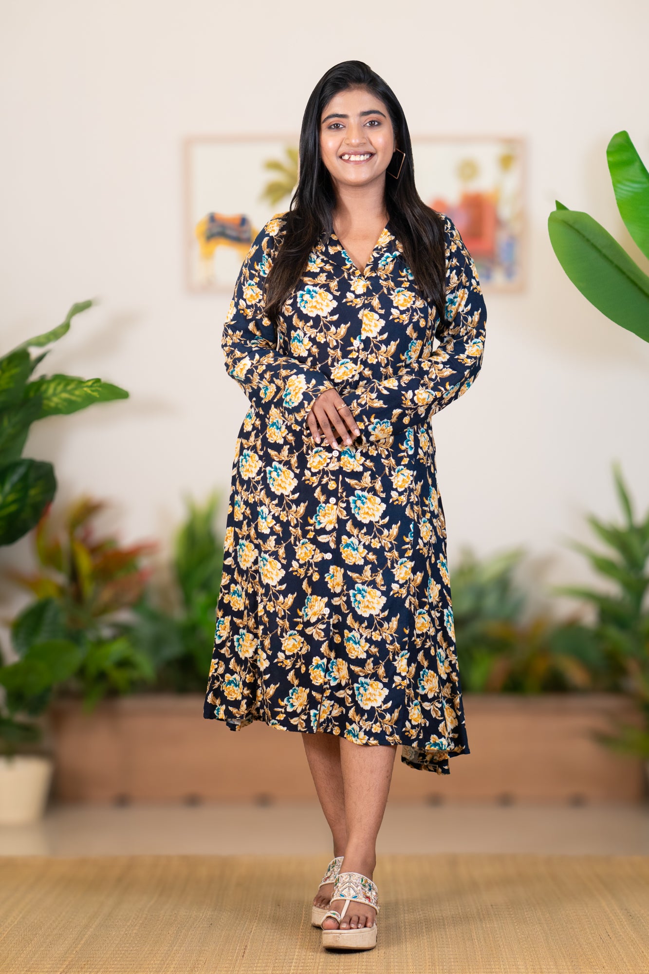 Hyrr Petals gown blazer collar foil print Blue