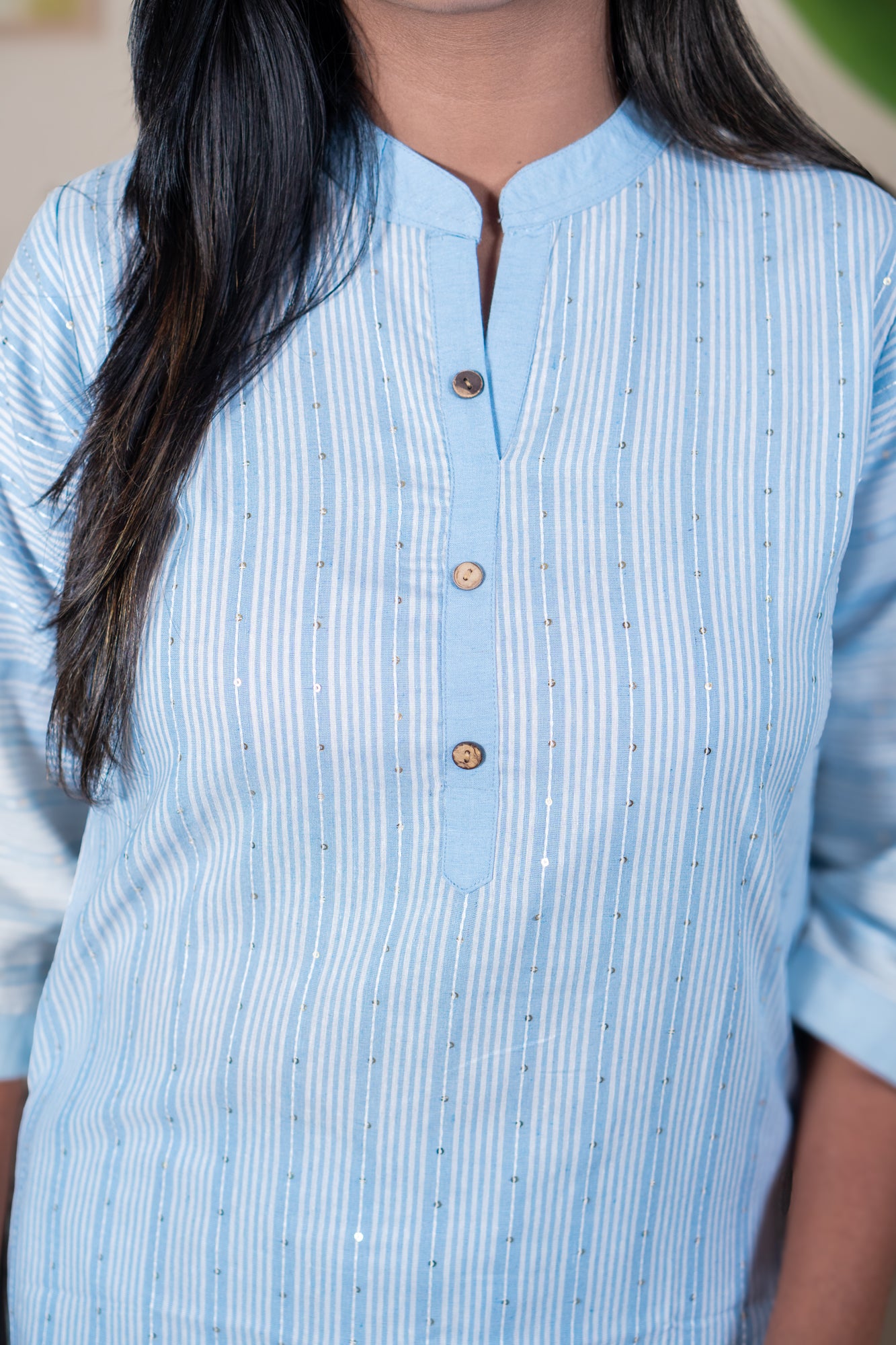 Powder Blue Minimal Sequin Kurti Set in khadi Cotton